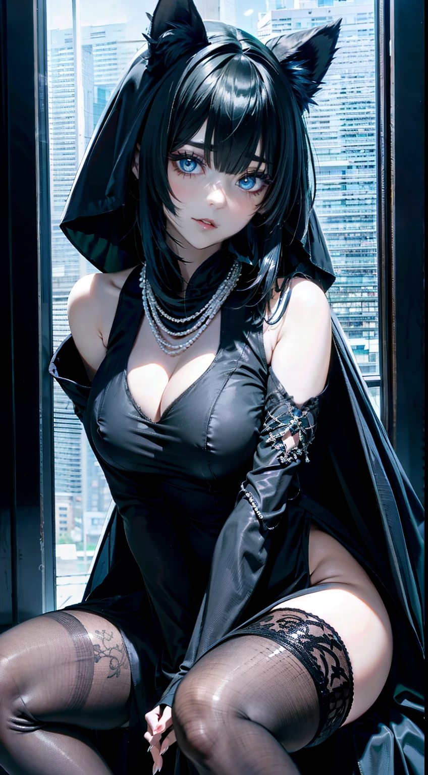Arav is sitting on a chair wearing a black cat costume, Cat ears dress up，There is snow in hell， Dressed in robes, Classical witch robes, Dark flowing robe, Black robe, Fantasy robes, designed for cozy aesthetics!, oversize clothes, Wearing an oversized hoodie, kemonomimi, Very comfortable], ，huge bust，High score hair，Expose long legs，sheer transparent clothes，Elaborate Eyes，The details of the eyes are super exquisite，Have a delicate face，Legs are very thin and long，no underwares，slaves，treated like a slave，Reasonable eye structure，Broken，head portrait，Close-up of face in prison cell，The whole body is wrapped in black clothes，wrap breasts