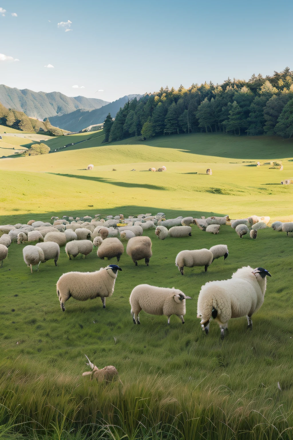 grass field,flock,Sheep are grazing,HDbackground,4k画质,Wool texture is clear, Minimalist background, botanical background,bright weather,Delicate touch