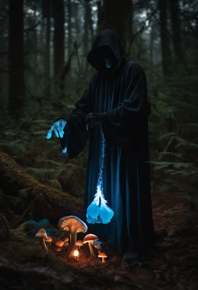 A photo of the grim reaper arranging a stunning display of bioluminescent mushrooms in a dark, enchanted forest,original,grim reaper