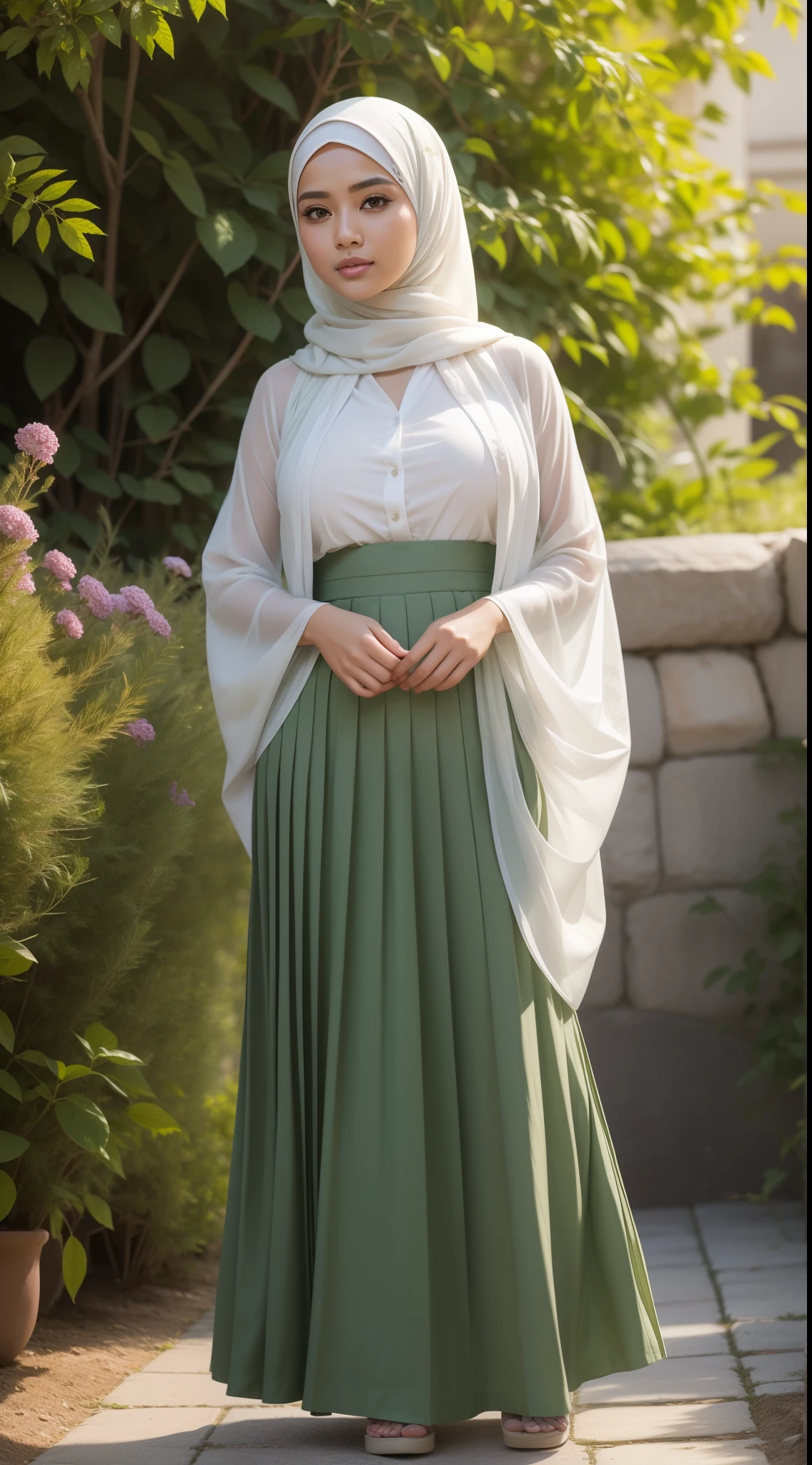 RAW, Best quality, high resolution, masterpiece: 1.3), beautiful Malay woman in hijab (iu:0.8),Best quality, high resolution, masterpiece: 1.3), beautiful Malay woman in hijab,( big breasts),woman in white shirt and gray skirt, long skirt, white shirt and green skirt, pleated skirt, white and green plizket, transparent green skirt, wearing a fluent long skirt, full body image, green skirt orange, wearing long flowing cloth, layered clothes, wearing floral chiton, hakama kimono, greyish, background in the flower garden illuminated by the soft light of the morning sun. Bokeh