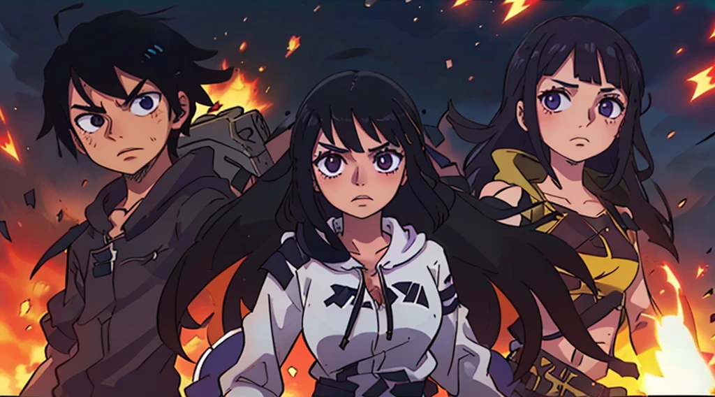 Vtuber sorprendido, hoodie negro, cabello negro con brillo morado, ojos con brillo de estrella, manos abiertas, fondo verde, efectos de manga, onomatopellas manga de explosion, war squad, risa, bullets, sparks, electric lights