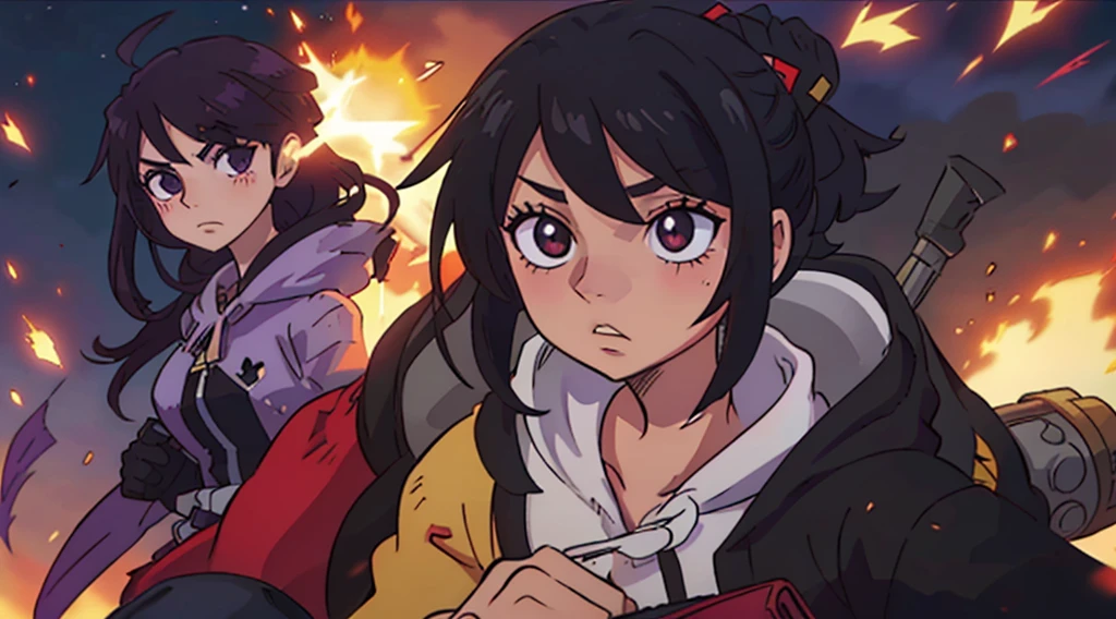 Vtuber sorprendido, hoodie ?????, cabello ????? con brillo morado, ojos con brillo de estrella, manos abiertas, fondo verde, efectos de manga, onomatopellas manga de explosion, war squad, risa, bullets, sparks, electric lights