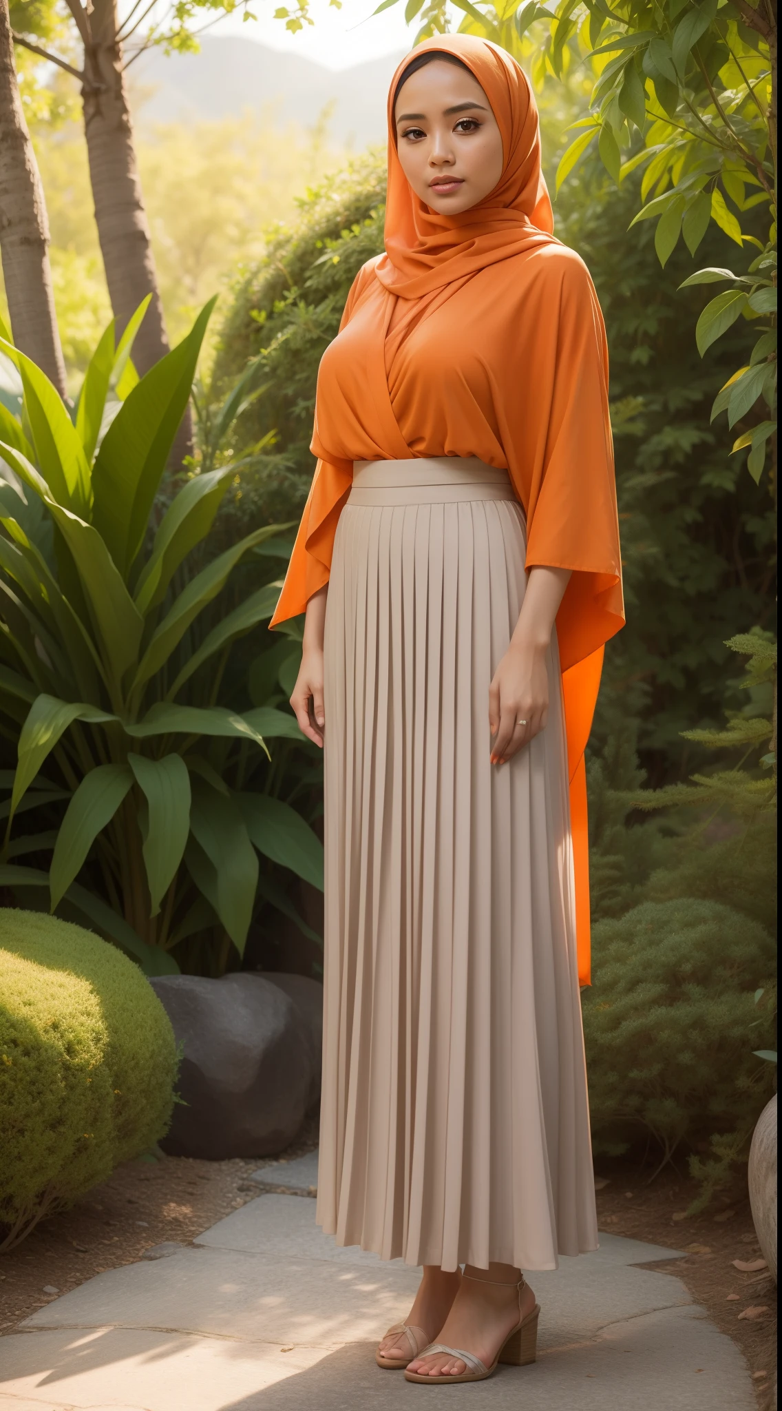 RAW, Best quality, high resolution, masterpiece: 1.3), beautiful Malay woman in hijab (iu:0.8),Best quality, high resolution, masterpiece: 1.3), beautiful Malay woman in hijab,( big breasts),woman in white shirt and gray skirt, long skirt, orange shirt and orange skirt, pleated skirt, orange and orange plizket, transparent orange skirt, wearing a fluent long skirt, full body image detail, orange skirt orange, wearing long flowing cloth, layered clothes, wearing floral chiton, hakama kimono, greyish, background in the flower garden illuminated by the soft light of the morning sun. Bokeh