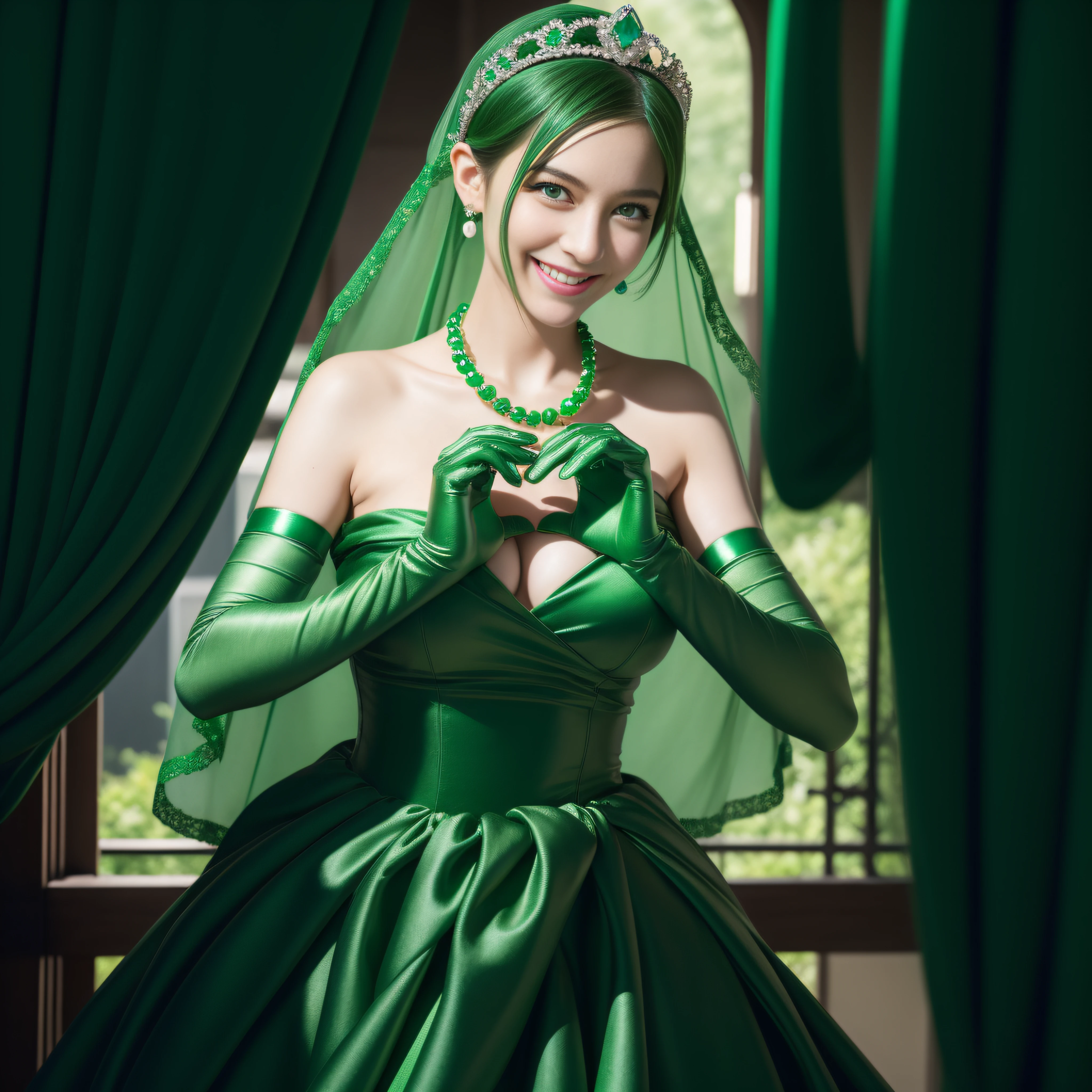 emerald tiara, Green Pearl Necklace, Boyish very short green hair, lipsticks, Japan woman smiling, very short short hair, big breasts beautiful, Green eyes, Long green gloves made of satin material, Green eyes, Emerald Earrings, green vale, Heart with both hands, Pregnancy