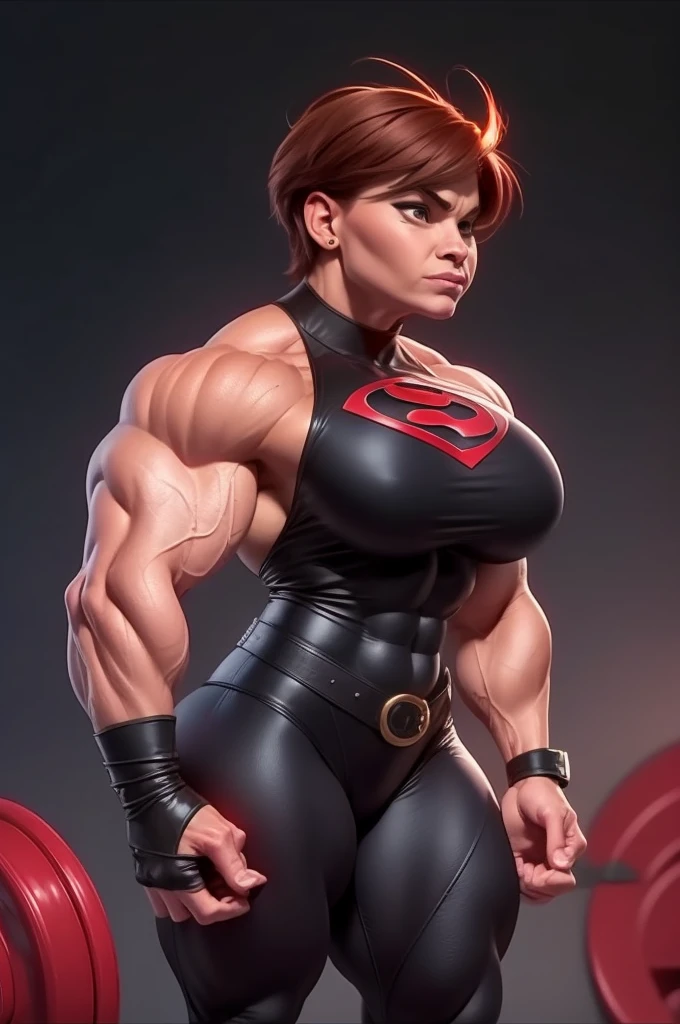 (masterpiece:1.2), (best quality), (ultra detailed), (8k, 4k, intricate),(full-body-shot:1), (highly detailed:1.2),(detailed face:1.2), (detailed background), muscle woman with classic short, layered bob brunette hair flexing massive muscles, most muscular pose, girl with huge muscles, muscle girl, 