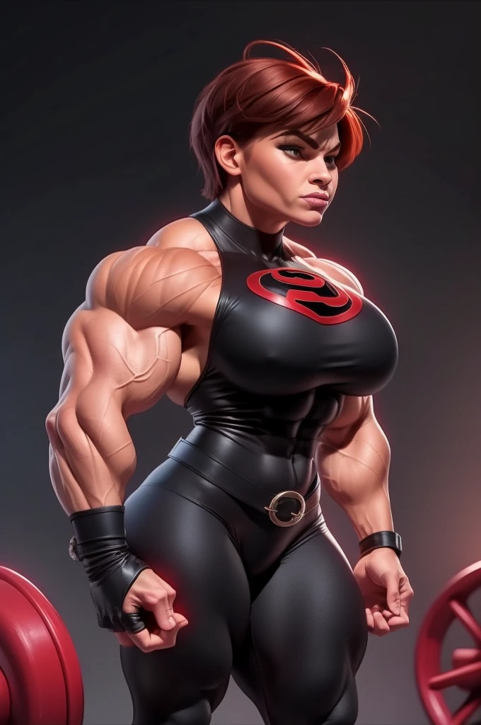 muscle woman with short red feathered hair flexing muscles wearing black superhero outfit, muscle woman, big muscles, huge muscles, massive muscles, mature woman