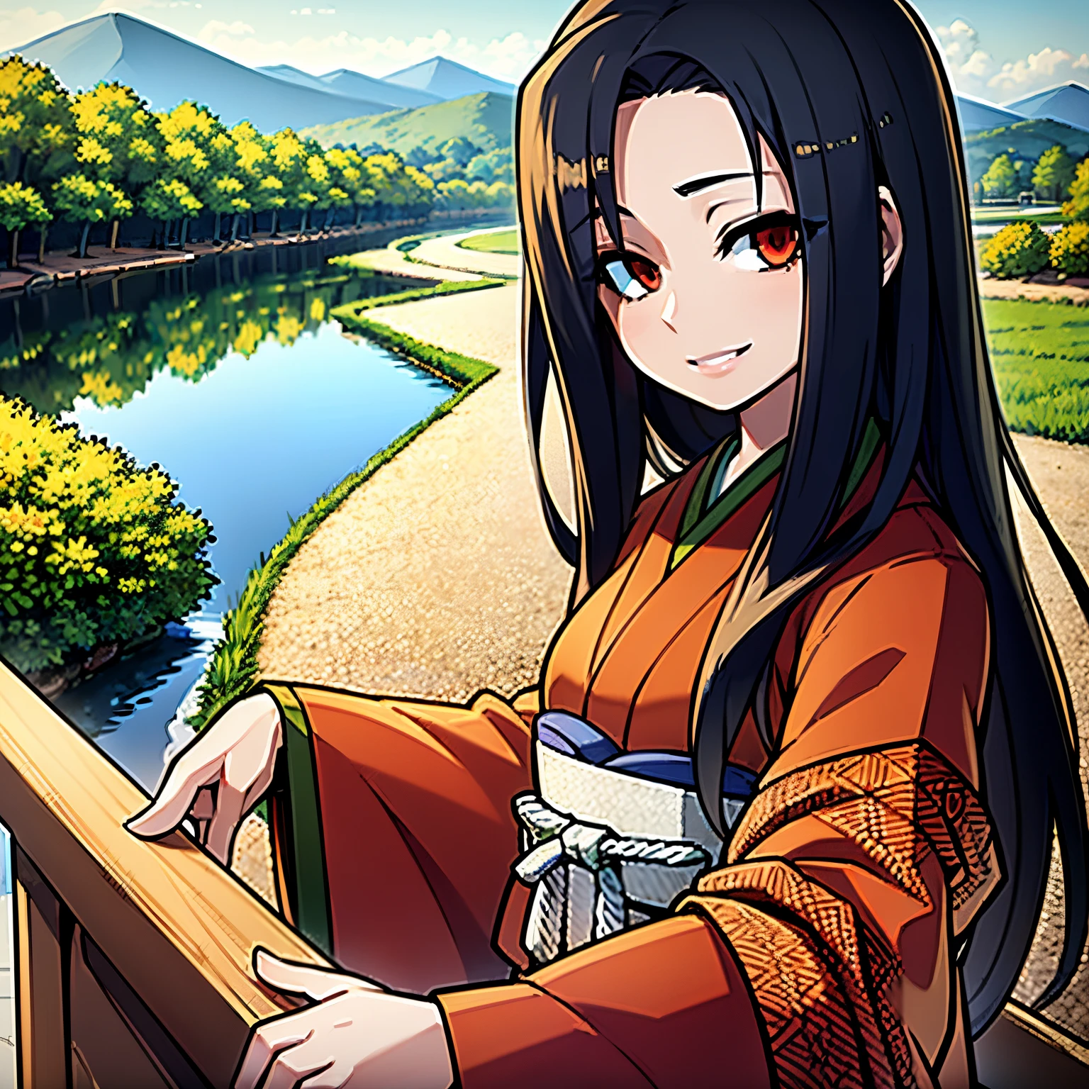 best quality,4k,masterpiece:1.2),ultra-detailed,(realistic,photorealistic,photo-realistic:1.37),1young woman,smiling,black hair,red kimono,gazing at viewer,japan,kimono,grass,lake in the background,portraits,vivid colors,natural lighting