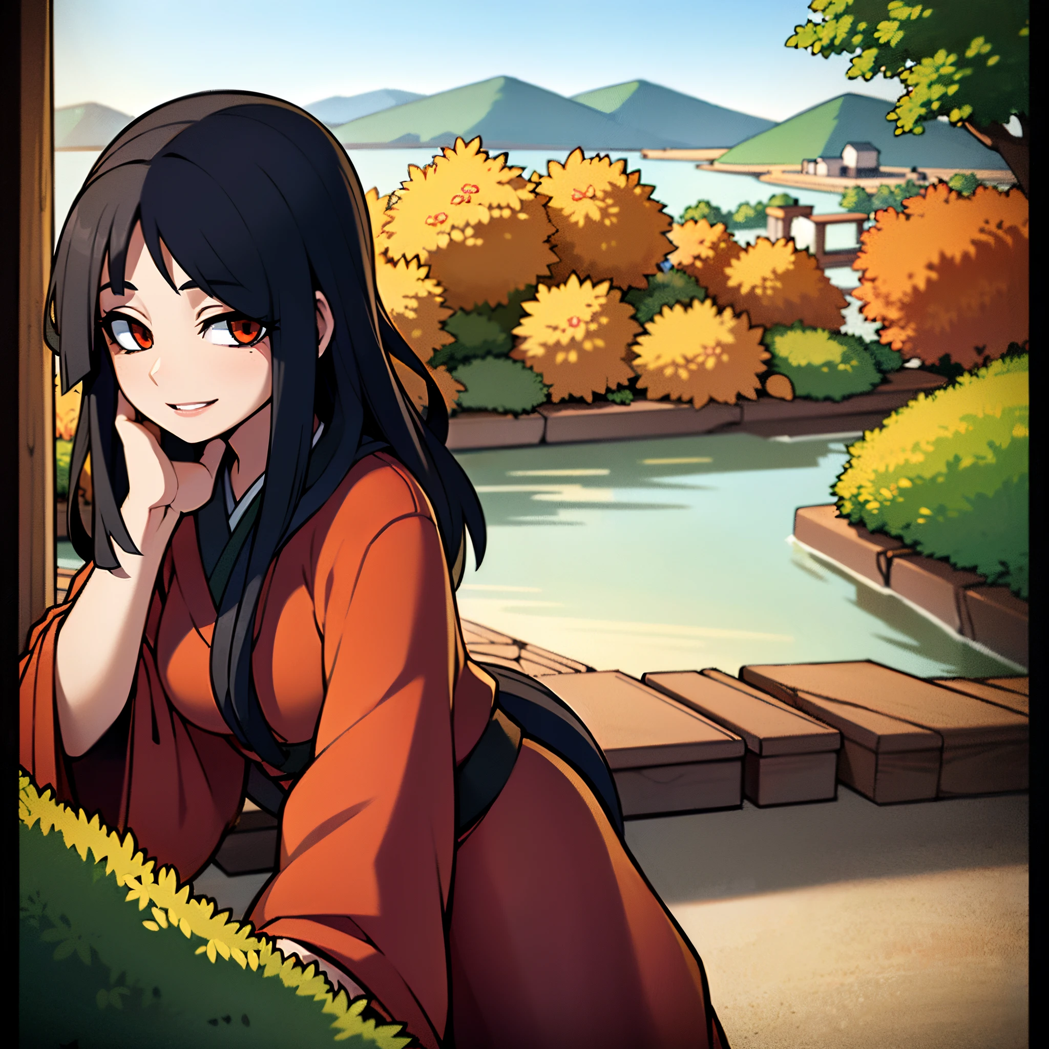 (best quality,4k,masterpiece:1.2),ultra-detailed,(realistic,photorealistic,photo-realistic:1.37),1young woman,smiling,black hair,red kimono,gazing at viewer,japan,kimono,grass,lake in the background,portraits,vivid colors,natural lighting