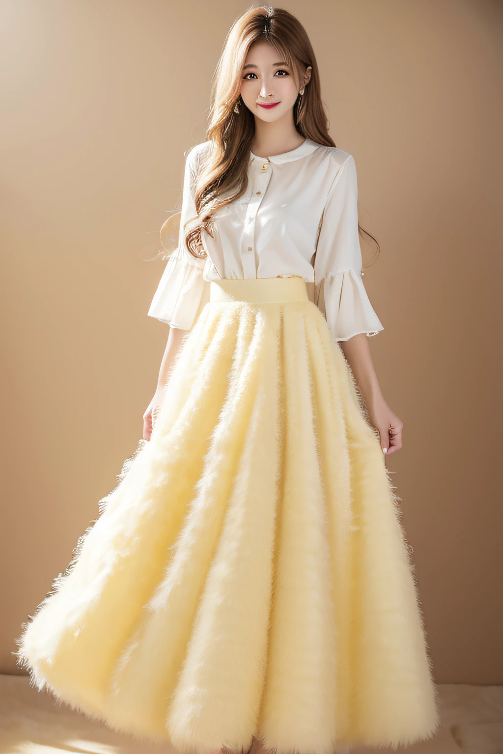Pale yellow long skirt Fluffy hair