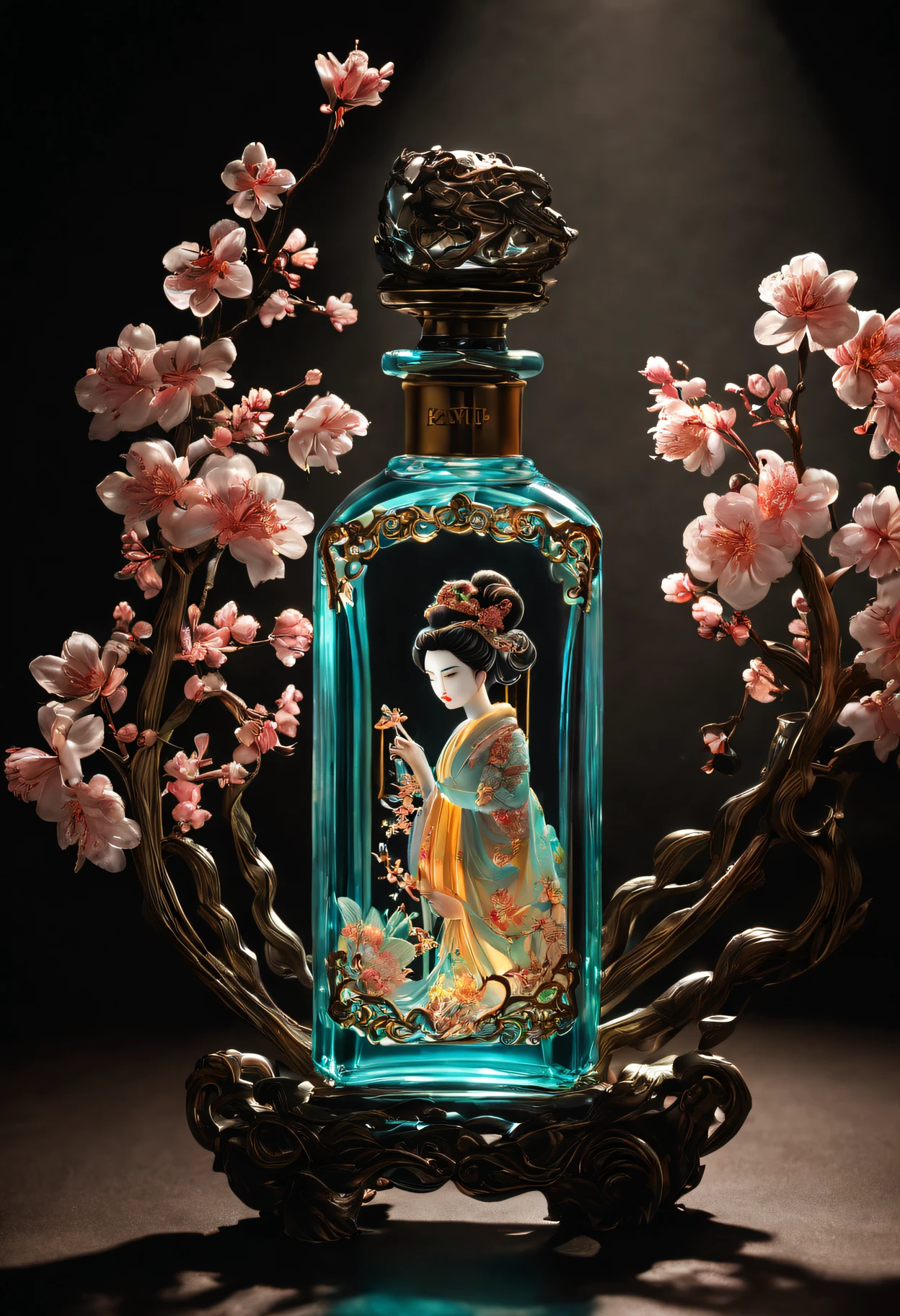 (An exquisite perfume bottle:1.5)，Sakura style, Extremely detailed art, Bio-luminescence, traditional vietnamese, 32k ULTRAHD, Jewelry for painters and sculptors, Fine lines, Geisha portrait style, 32k ULTRAHD, Beth Hamidi, glyptic, Clever use of light and shadow, chinapunk, Exquisite, Spooky figure, Authentic details, Glass as a material, Meticulous carving, Miniature lighting,Ethereal,, made of crystals, Glowing light and shadow, Elegant characters, 32k ULTRAHD, Carved, Intricate and intricate details, 8K分辨率, chinapunk, The art of embroidery, Glow shadows, accurately detailed, In a meticulous realist style, Glow shadows, 32k ULTRAHD, Jewelry for painters and sculptors, Photos taken with Nikon D750, Fine lines, Delicate curves, Subtle chiaroscuro,, in the style of Cyril Rolando, Photos taken with Nikon D750, Glowing portrait, Intricate and intricate details, Sakura NS, Absinthe culture