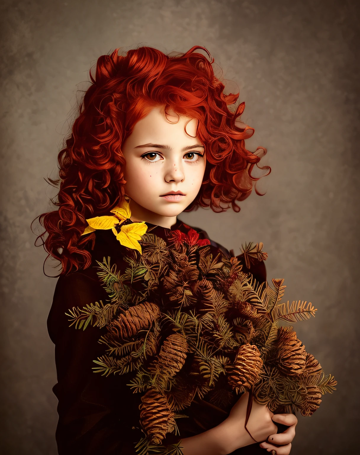 There's a young woman with red hair holding a pine cone, Redhead Girl, Retrato de uma menina de cabelos vermelhos, menina de cabelos vermelhos, com cabelos ruivos cacheados, cabelos ruivos cacheados, Por Irakli Nadar, cabelos cacheados vermelhos, menina do cabelo vermelho, retrato muito bonito, Fotografia Alexey Gurylev, inspirado em Lucas Cranach, o Jovem