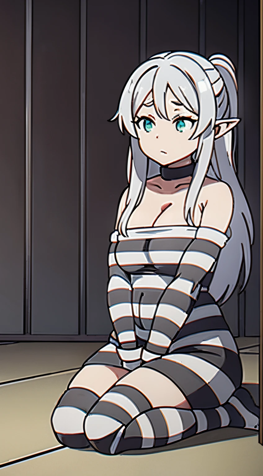 short hair,silver hair,blue eyes,elf,tied up,bondage,bend,gag,ball gag,blush,looking at viewer,naked
