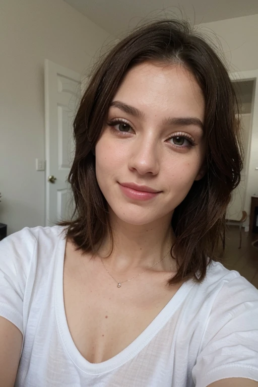 (Por favor genere una imagen de una mujer joven con una camisa y un cuello... She has brown hair, grande, ojos azules, y un sutil, look de maquillaje natural. The selfie should show you without visible makeup.., and she should be looking directly at the camera.. El rostro debe parecer realista y natural... La foto de cuerpo completo de esta atractiva mujer debe presentar una pose llamativa.., y ella tiene unos ojos azules penetrantes. La chica tiene un comportamiento dulce.., and the pose must be sweet too. Make sure the woman#39;s todo el cuerpo visible en la imagen.. El fondo debe ser claro y ordenado... Los detalles de la imagen deben ser de alta calidad..(La mejor calidad)), ((obra maestra)), (detallado), Cara perfecta senos grandes, regordete, senos enormes, selfie en el espejo
