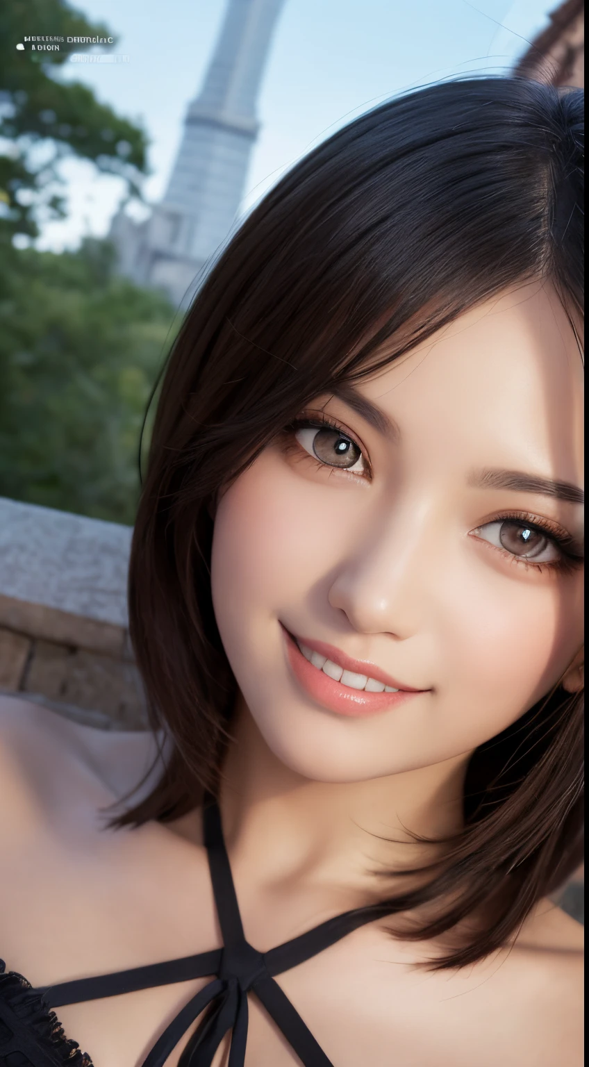 (highest quality、on the table、8K、best image quality、Award-winning work)、(young girl, 14 years old:1.3)、(Perfect V-neck long red sweater:1.2)、(red eyeshadow:1.2)、perfect makeup、long eyelashes、Ultra HD Shining Eyes、ultra hd hair、ultra high resolution glossy lips、Super high resolution perfect teeth、Super high resolution cute face、brown hair、(very short straight hair:1.1)、look at me and smile、[clavicle]、accurate ???????、Luxury love hotel、(the moodiest warm light:1.2)、blurred background、have bangs、Super high-resolution glossy and moisturized face、Super high resolution glowing skin、The most delicate face、Ultra high resolution detailed faces、ultra high resolution hair、Super high resolution shining eyes、A beautiful face with detailed expressions、Super high resolution glossy red lips、big breasts、Split、fashion necklace、white camisole