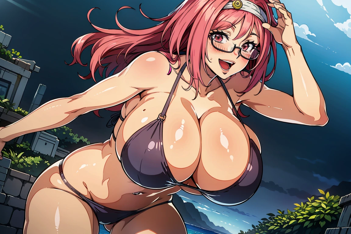 (hightquality、high-level image quality、masutepiece、4K,8K:1.1),Best Quality, High resolution, 1girl in,(Pink hair,Long hair,huge-breasted,Phyllis syrup,Hair Band,eye glass:1),(unwear:1.4),(take off bikini:1.4)、(gigantic breasts:1.4), (Black Bikini:1.2), (the beach:1.3), (;D:1.2),(show off nipple,blush:1.4),Cowboy Shot,Dynamic Poses、(Laugh:1.2)