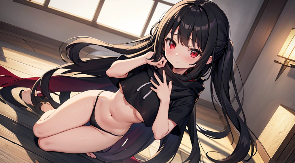 (masterpiece: 1.2), (high resolution), (best quality: 1.3), (ultra detailed: 1.2), (illustration: 1.2), (1 girl: 1.2), (solo: 1.2), cute, , large boobs , skin tight black crop top, long black hair, (long straight hair, scarf red), athletic physique, perfect hands, , no shoes, only one person in photo, tiny young girl, age 10, perfect finger,perfect hands, Highest Quality, Highest Resolution, perfect background, perfect perspective, sharp image, perfect details, perfect lighting, perfect shadows, Perfect lighting, Best background, Vannamelon, long black hair, red eyes, hair blush, full body, thong, behind view, blushing, bent over, indoors, thighs, SFW, standing,large chest,anime eyes , cropped hoodie underboob, wide hips