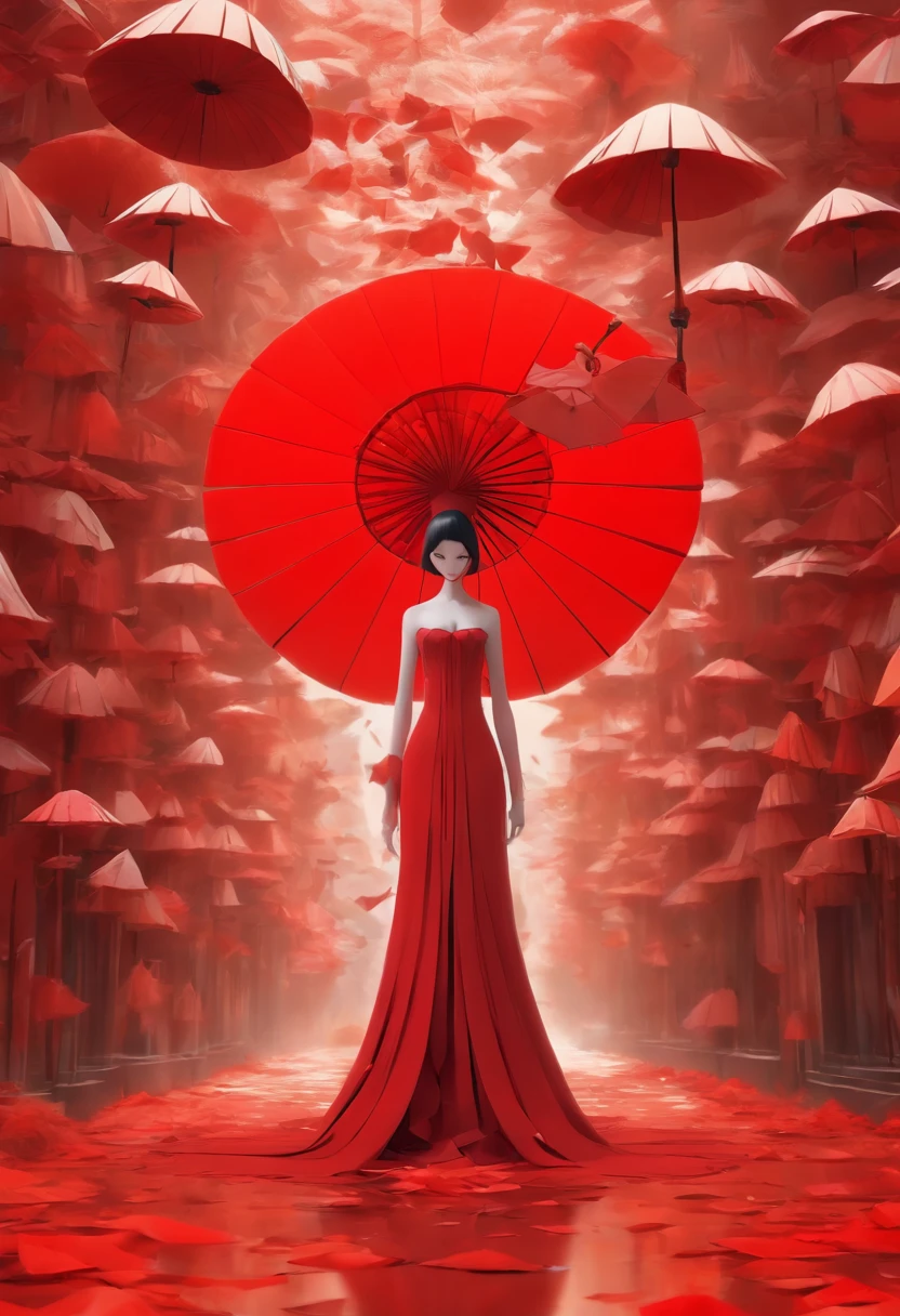Wearing a red dress、With a hat on、Araf woman wearing big white fan, Surrealist sculptures inspired by Ray Caesar, CG Social Trends, concept-art, Avant-garde fashion model, Asian woman made from origami, red clothes and hat, Red dress and magic witch hat, Rei Kawakubo's artwork, Thierry Muller, Photography Alexey Gurylev