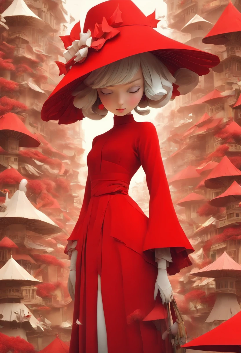 Wearing a red dress、With a hat on、Araf woman wearing big white fan, Surrealist sculptures inspired by Ray Caesar, CG Social Trends, concept-art, Avant-garde fashion model, Asian woman made from origami, red clothes and hat, Red dress and magic witch hat, Rei Kawakubo&#39;s artwork, Thierry Muller, Photography Alexey Gurylev