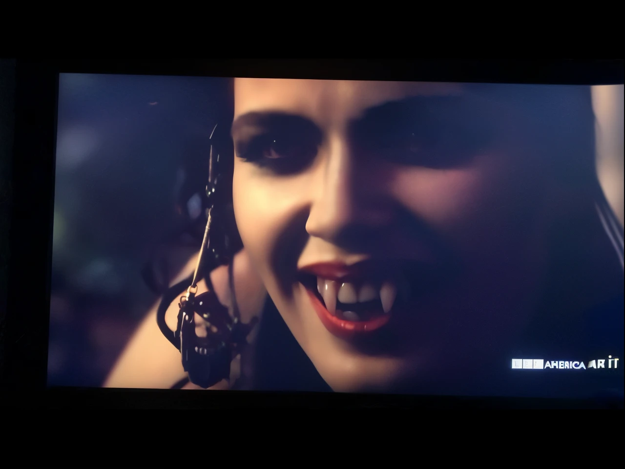 Close-up of a person with a vampire smile on a television screen, Fanged, Vampire Fangs, vampire teeth, tusk, very sharp vampire fang teeth, Sharp vampire teeth, As a vampire, Fangs and drool, Vampire Queen, female vampire, grew fangs, prominent jaw and visible fangs, Vampire, Vampires, Big fangs