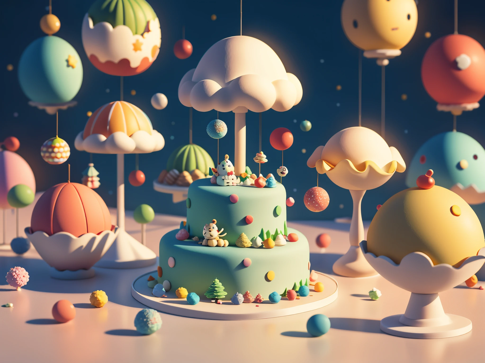 Generate a cake decoration，（cute world of candy，full size 3d candyland），highly  detailed，super adorable，masterful lighting，volumetr，Jon Klassen，In Studio Ghibli style，tiltshift，80mm lens，unreal-engine，largeaperture，3d，Blander，tmasterpiece，super detailing，best qualtiy， （chibi anime），Complete body， --v6