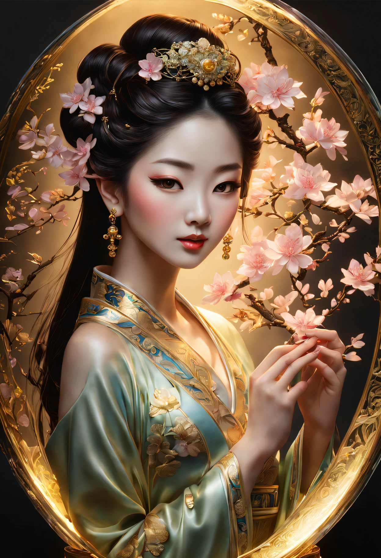 (delicate perfume bottle:1.5)，Sakura style, Extremely detailed art, Bio-luminescence, traditional vietnamese, 32k ULTRAHD, Jewelry for painters and sculptors, Fine lines, Geisha portrait style, 32k ULTRAHD, Beth Hamidi, glyphic, Clever use of light and shadow, chinapunk, Exquisite, Spooky figure, Real details, Glass as a material, Meticulous carving, Miniature lighting,Ethereal,, made of crystals, Glowing light and shadow, Elegant characters, 32k ULTRAHD, glyptic, intricately details, 8K分辨率, chinapunk, The art of embroidery, Glow shadows, accurately detailed, In a meticulous realist style, Glow shadows, 32k ULTRAHD, Jewelry for painters and sculptors, Photos taken with Nikon D750, Fine lines, Delicate curves, Subtle chiaroscuro,, in the style of Cyril Rolando, Photos taken with Nikon D750, Glowing portrait, intricately details, Sakura NS, Absinthe culture