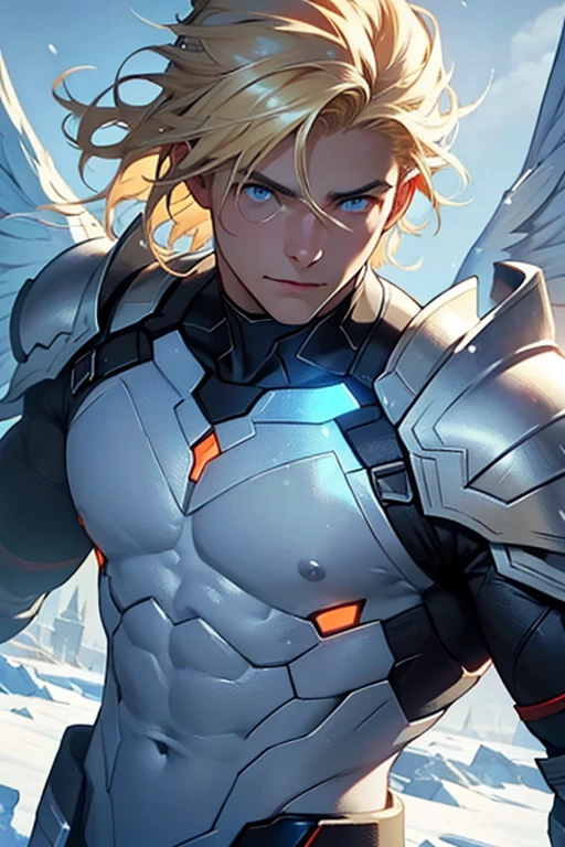 Caucasian Boy With Glowing Powerful Blue Eyes, Blonde Hair, Hunk, Showing Chest, Showing Midriffs, Male, 4k Image, Close Up, Abs, Angel Armor Outfit, Futuristic Angel Wings, Ethereal, Snowy Russian Ruins Background