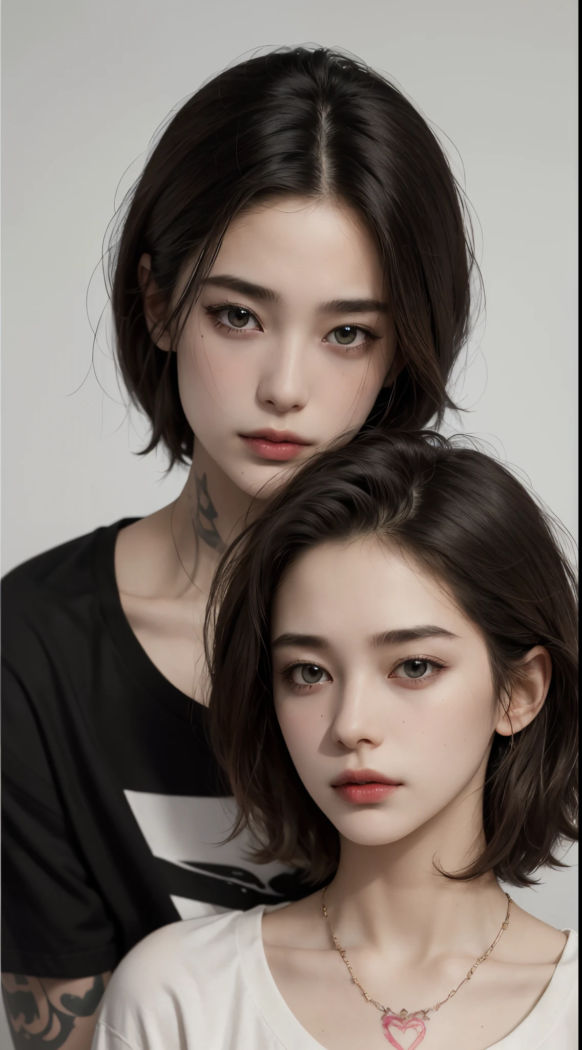 masterpiece, best quality, realistic, highly detailed, 2girl, duo, twins, (body shot), poker face, short wolfcut hair, black hair, glasses, large breast, ((black T-shirt)), Lying in bed, Lips pierced, ((full tatto on neck)), beautiful girl, A tomboy face, Flat face without expression, bedroom background, detail eyes, detail hair, perfect lighting