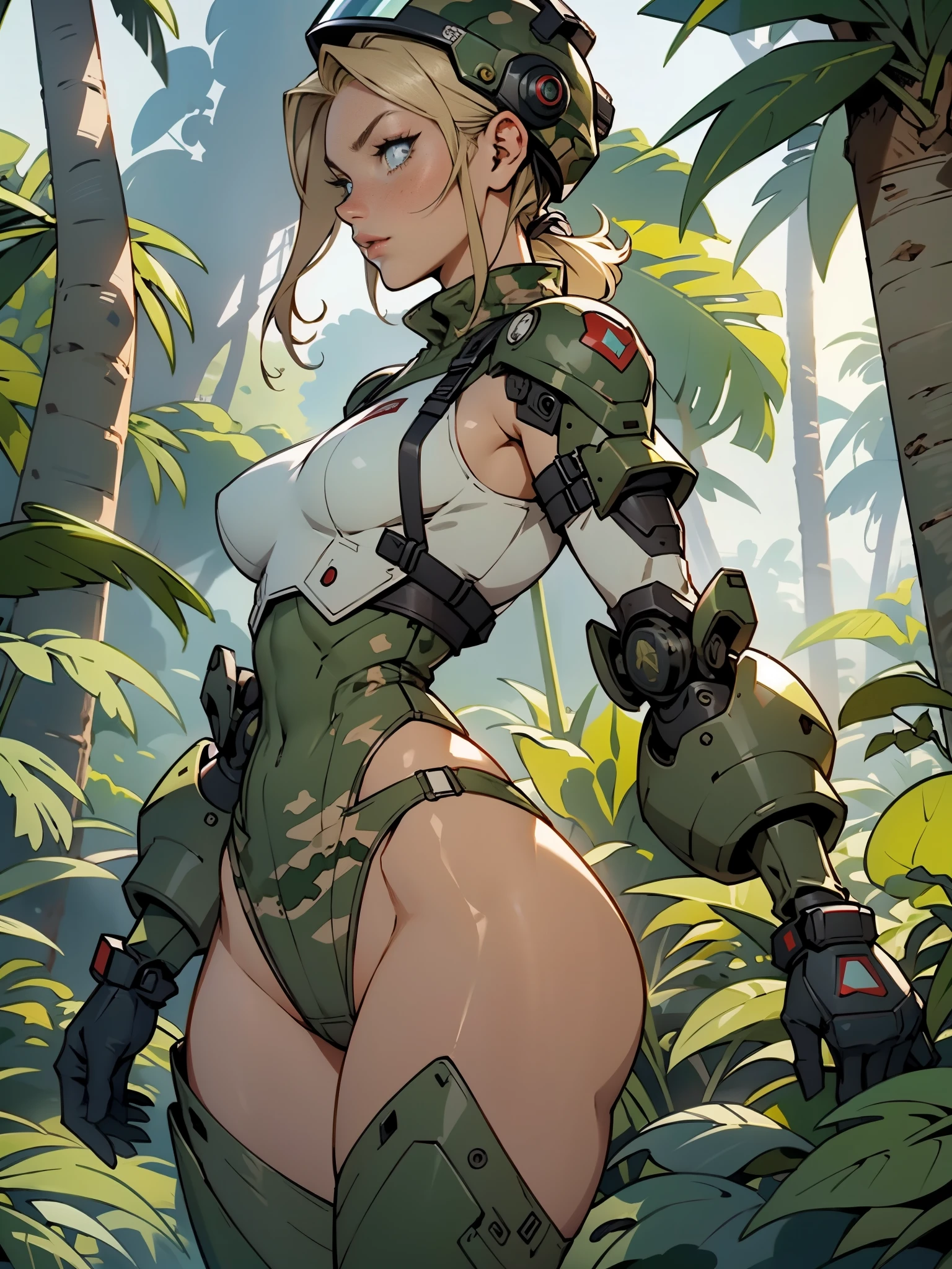 1woman 20 years old, max resolution, sculpted, military, wearing a soldier helmet, beautiful, perfect body, blonde hair, blue eyes, perfect body, thin waist, , large breasts, slim thighs, jungle background, armored vehicle, military robot, camouflaged uniform, tight panties, two-piece, highly detailed, high resolution, perfect hands, rear view, camo, from behind, bare shoulders