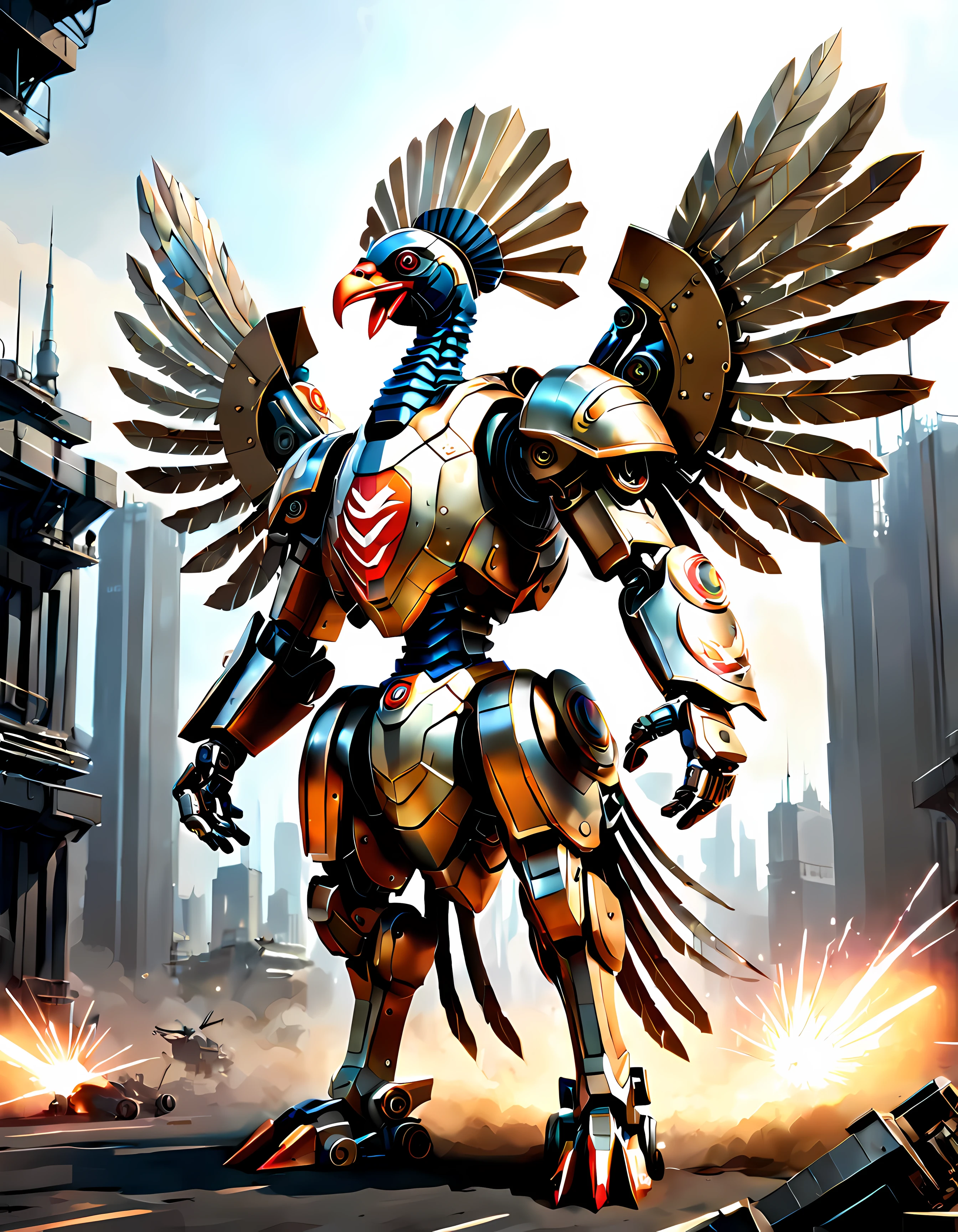 (epic digital drawing:1.3), an impressive image of a ((turkey-inspired battle mecha)) ((in the shape of a turkey)) standing tall and ready for combat, sleek, futuristic lines, featuring (metallic feathers) and intricate mechanical details, dynamic pose highlighting its powerful robotic limbs and wings, dramatic lighting to enhance the mecha's presence, advanced weaponry and defensive features, ((force field)), essence of power and technological prowess, ((metallic turkey head)), (ethereal battlefiled)