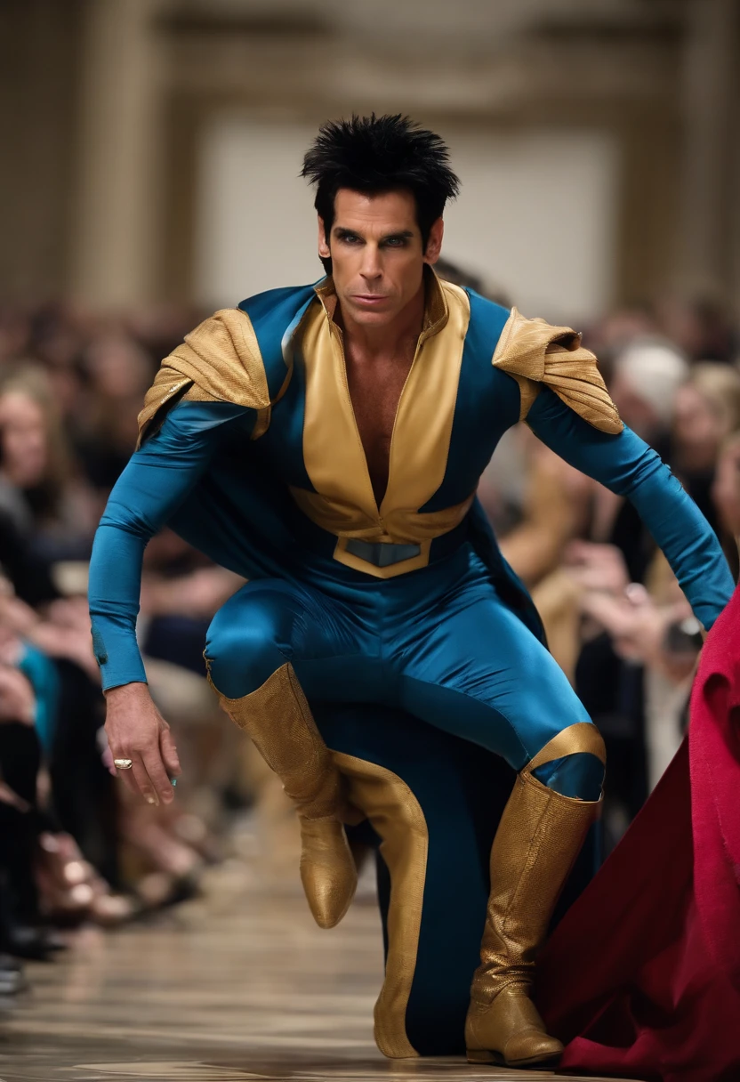 A photo of Derek Zoolander participating in a cosplay fashion show dressed as a superhero,Zoolander films,Derek Zoolander, the fictional supermodel from the “Zoolander” films, played by Ben Stiller, is known for his distinctive and exaggerated fashion style. He often sports flashy, avant-garde outfits that mirror the over-the-top nature of the fashion industry he represents. Derek’s signature “Blue Steel” look is characterized by his pursed lips and intense, smoldering gaze, which he comically believes to be highly influential and groundbreaking. His well-groomed hair and chiseled facial features contribute to his portrayal as a somewhat clueless yet beloved fashion icon.