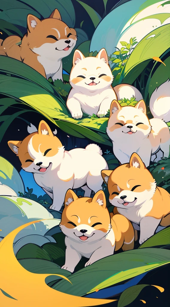 Poster Design, (SFW),Deformed cute Shiba Inu, Illustration,An enchanted forest, beautiful plants, light, Perfect quality, Clear focus, Colorful, Perfect face, Intricate details, super low viewing angle, wide-angle lens --auto
