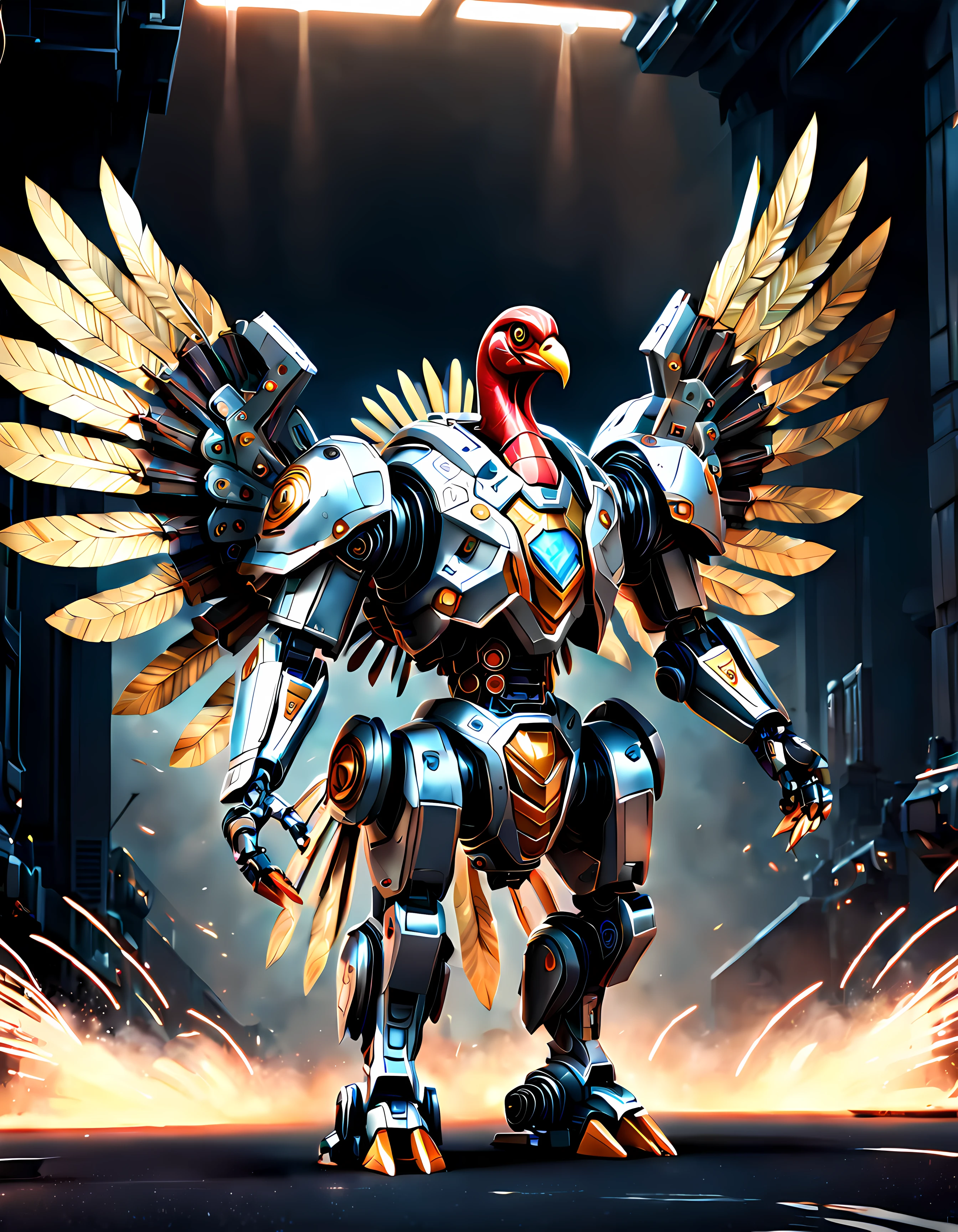 (epic digital drawing:1.3), an impressive image of a ((turkey-inspired battle mecha)) ((in the shape of a turkey)) standing tall and ready for combat, sleek, futuristic lines, featuring (metallic feathers) and intricate mechanical details, dynamic pose highlighting its powerful robotic limbs and wings, dramatic lighting to enhance the mecha's presence, advanced weaponry and defensive features, ((force field)), essence of power and technological prowess, ((metallic turkey head))