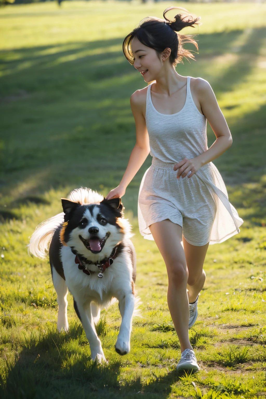 A delicate girl runs with her dog on the sunny grass
