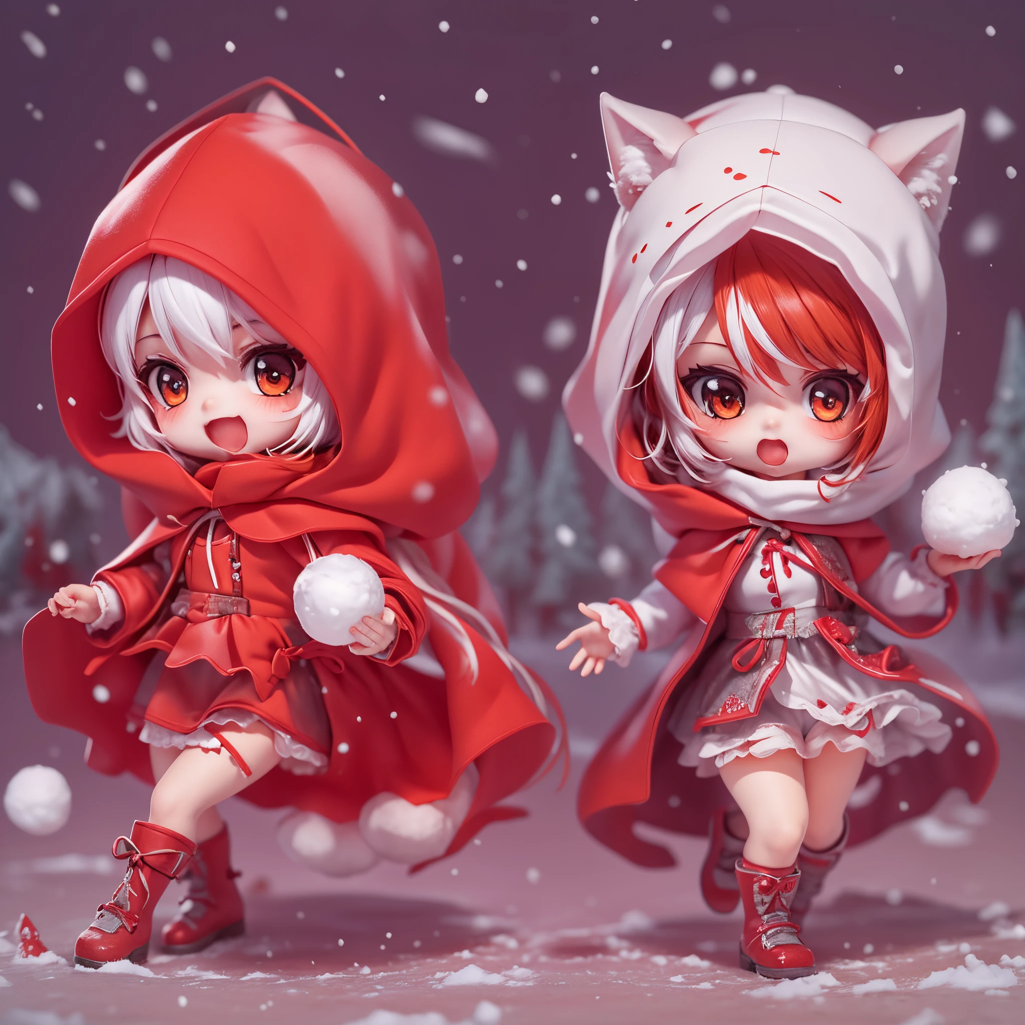 The cute little red riding hood is having a snowball fight with the cute big bad wolf,chibi anime, red hooded dress,complete body:1.7,