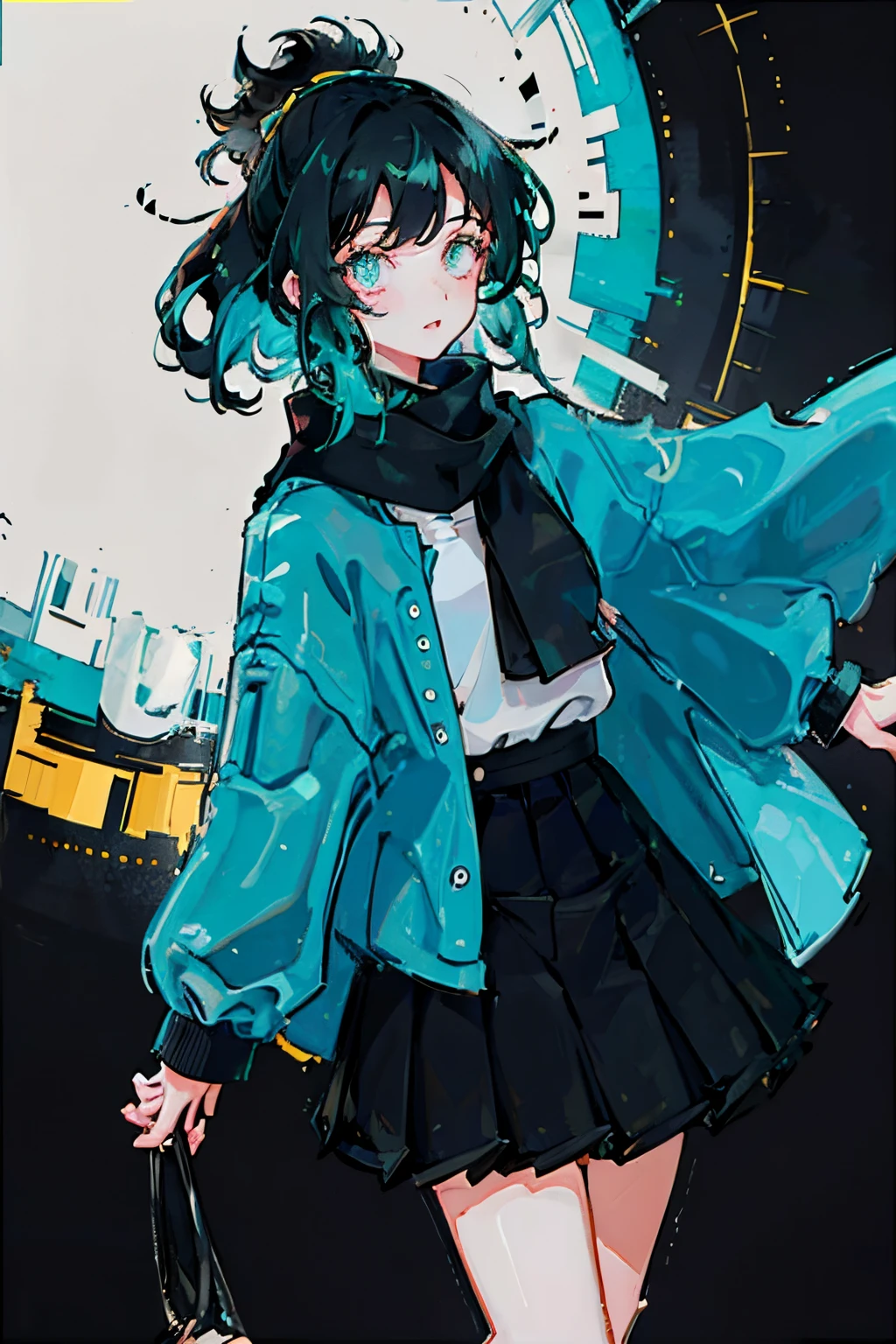 custome, outfit design, multple girls, short black hair, teal highlights in hair, teal eyes, wearing a white shirt, black scarf, wearing a black oversized jacket, yellow accesories, wearing a black pleated micro skirt