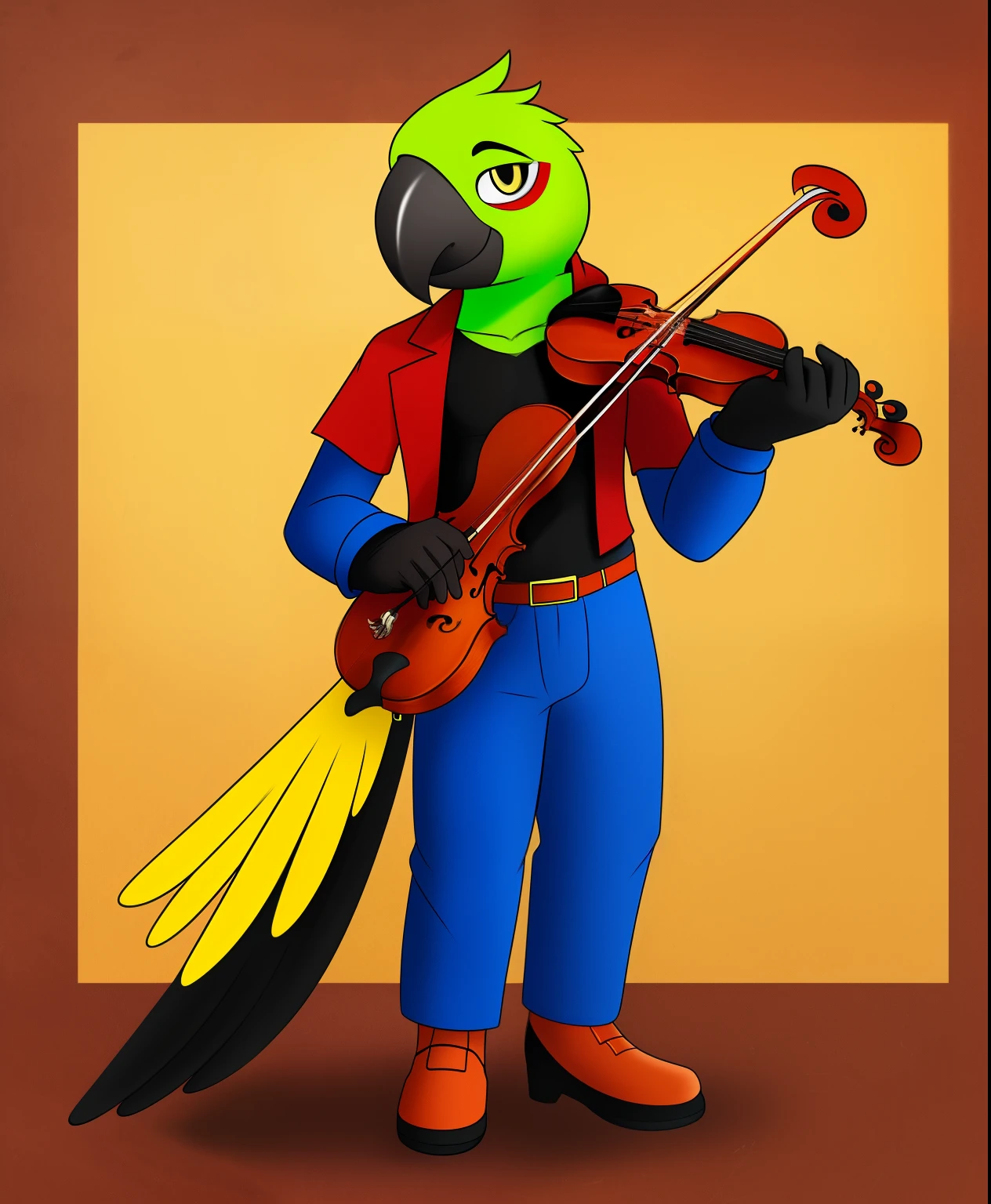 Octave the male parrot supervillain, violin themed costume, full body view
