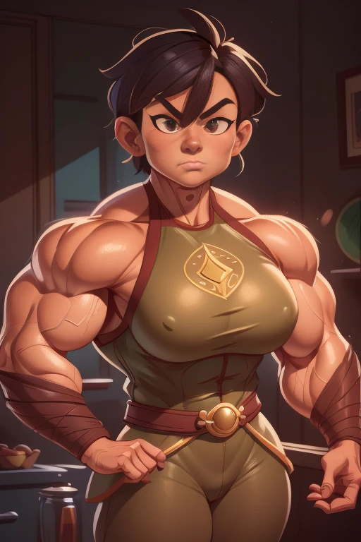 pixarstyle a waist-length portrait of a mature chinese muscle woman in a bronz superhero outfit, kitchen, natural skin texture, 4k textures, hdr, intricate, highly detailed, sharp focus, cinematic look, hyperdetailed,  muscle woman, big muscles, huge muscles, massive muscles, mature woman