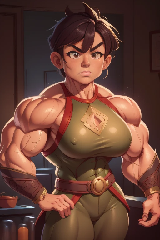 pixarstyle a waist-length portrait of a mature chinese muscle woman in a bronz superhero outfit, kitchen, natural skin texture, 4k textures, hdr, intricate, highly detailed, sharp focus, cinematic look, hyperdetailed, muscle woman, big muscles, huge muscles, massive muscles, mature woman