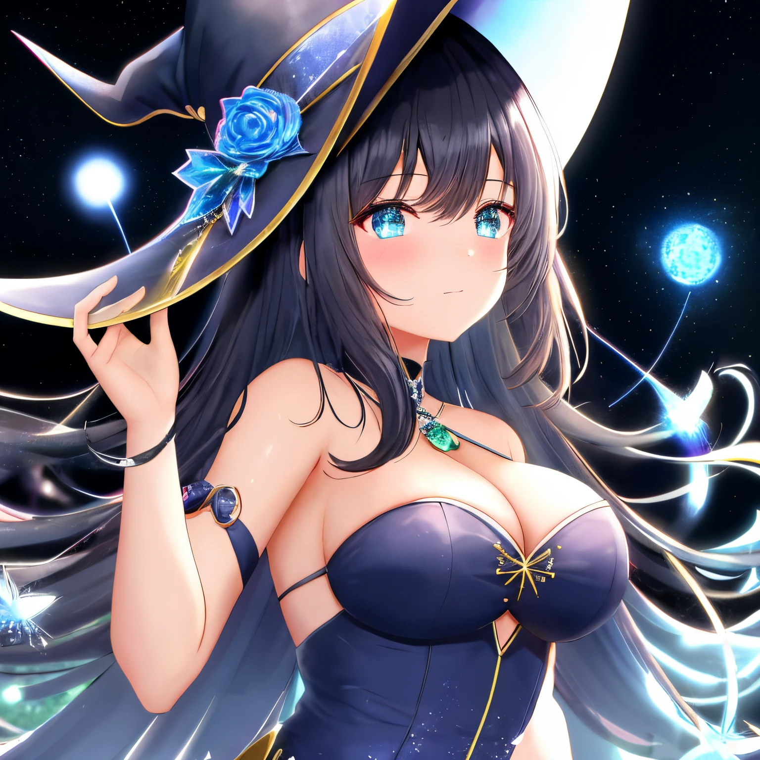 black magical girl, estilo mksks, (fundo muito detalhado: 1.0), (fundo altamente detalhado: 1.0), obra-prima, melhor qualidade, (1girl), solo, (floresta), cabelo comprido, cabelo loiro, blue hat, Magician's hat, spell casting, natureza, brazi: 1.2, desfoque de movimento, magia, (luar: 1.2), chromatic aberration, profundidade de campo, soft-lighting, rosto altamente detalhado, olhos altamente detalhados, pose sexy, seios enorme