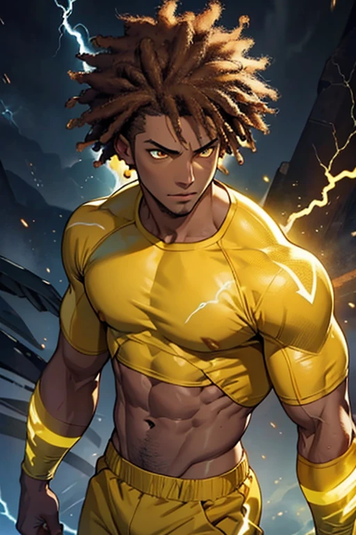 Afro-Latino man With Lightning Bolt Yellow Eyes, brown Afro Hair, 4k Image, Close Up, Abs, Hot, Chill Outfit, Ethereal, Surrounded By Lightning, Yellow Lightning Storm Background