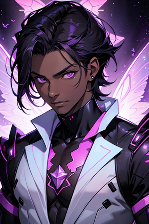 Dark Skin Boy With Shiny Scary Purple Eyes, Black Hair, 4k Image, Close Up, Abs, Hot, Synthwave Outfit, Futuristic Wings, Ethereal, Surrounded By Crystal Butterflies, Purple And White Starry Roses Background