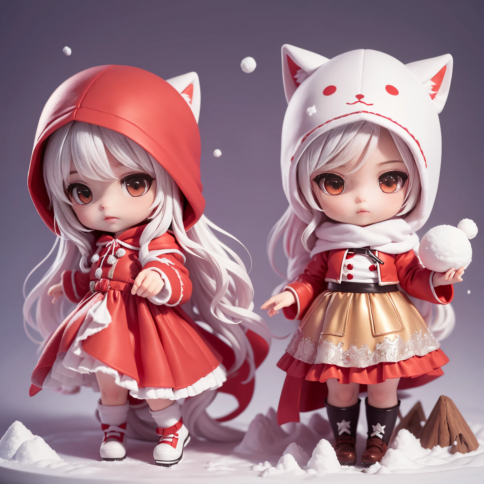 The cute little red riding hood is having a snowball fight with the cute big bad wolf,chibi anime, red hooded dress,(Complete body:1.7),blank scene,Add base,