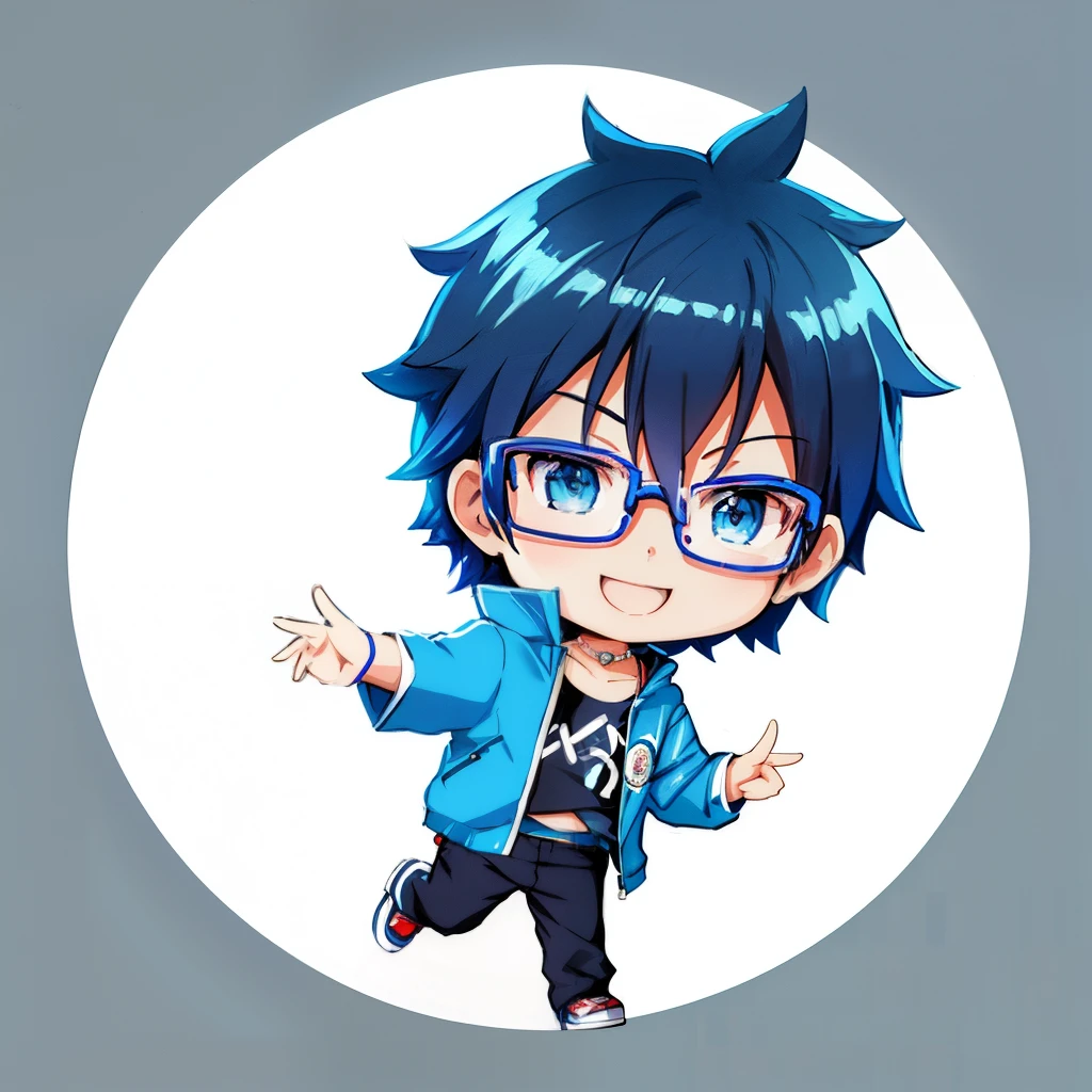 Anime boy with blue hair and glasses holding stickers, 2 d anime style, hero 2 d fanart artsation, Advanced Digital Chibi Art, anime moe art style, anime style character, cute character, Stylized anime, Anime Boy, anime stylized, Chibi Art, Anime style. 8K, 2 d illustration, 2D Illustration, Jump with a smile、Hands raised