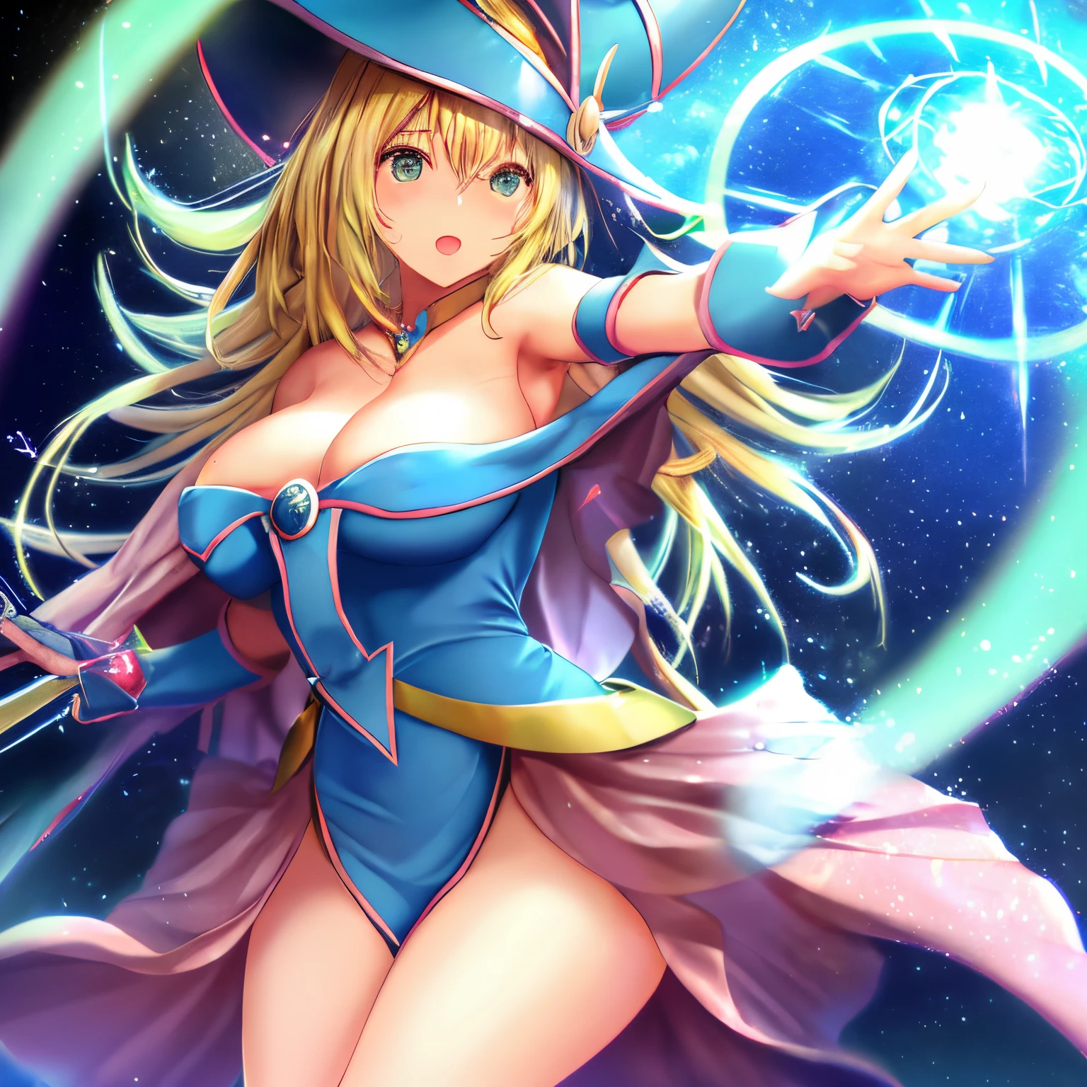 black magical girl, estilo mksks, (fundo muito detalhado: 1.0), (fundo altamente detalhado: 1.0), obra-prima, melhor qualidade, (1girl), solo, (floresta), cabelo comprido, cabelo loiro, blue hat, Magician's hat, spell casting, natureza, brazi: 1.2, desfoque de movimento, magia, (luar: 1.2), chromatic aberration, profundidade de campo, soft-lighting, rosto altamente detalhado, olhos altamente detalhados, pose sexy, seios enorme
