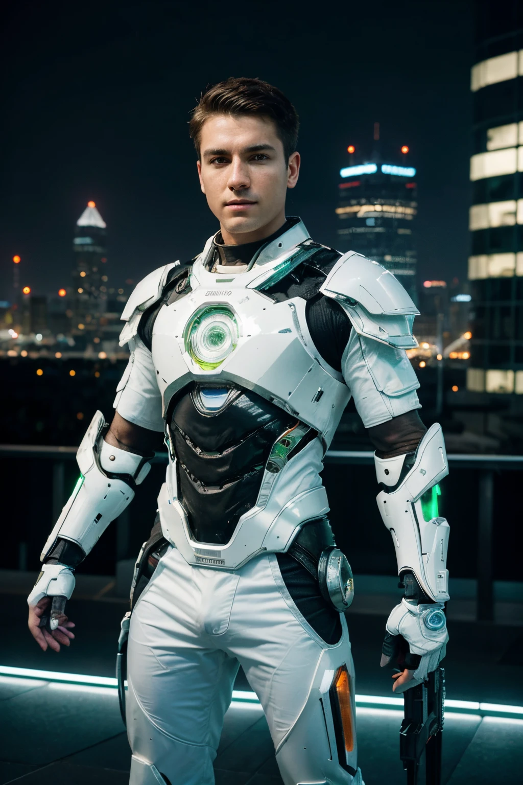 (Realistic, highres, HDR), Artificer,  adult, clean-shaven, wearing a colorful white, green, orange, and silver robotic armor, sleek and modern design, intricate detailing on the armor joints and panels, glowing light accents, confident and determined expression, standing in a dynamic pose with one hand holding a futuristic weapon, the other hand creating a mesmerizing energy projection, surrounded by a vibrant and positive atmosphere, with a futuristic cityscape in the background, showcasing advanced technology and bustling energy.