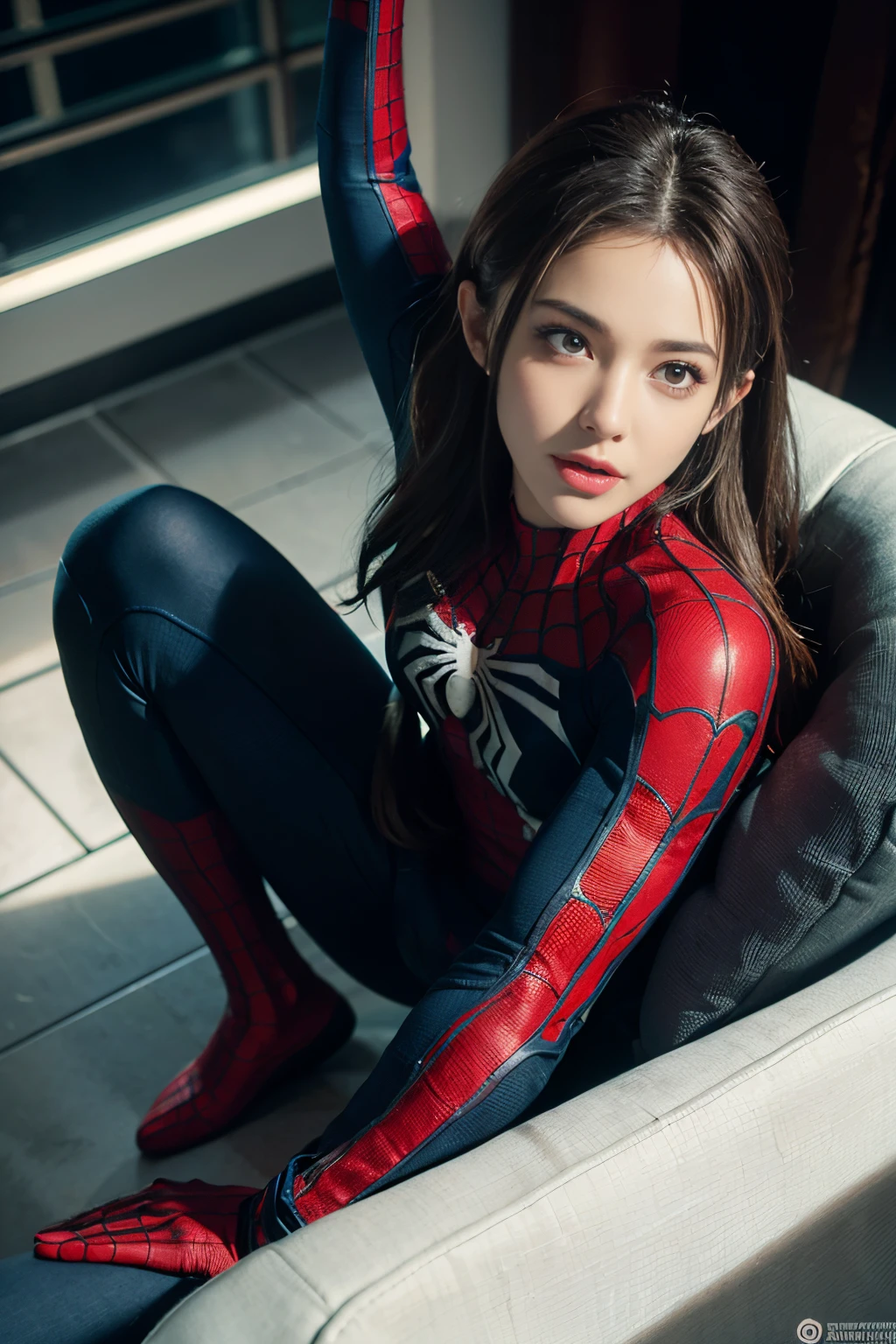 (Fondo de pantalla Unity 8K CG con extremo detalle，tmasterpiece，the highest picture quality)，(Luz y sombra delicadas，The framing is very dramatic.，Cinematic lens effect)，Una chica vestida de rosa con un disfraz de Spiderman blanco. ，pelo corto，cuerpo completo Esbian，Brown hair color，del universo paralelo de Spider-Man，Gwyn，Maravilla，Spidey，Kneel on the couch，dynamics)，(Detalle excepcional，The lighting effect is excellent.，Vista gran angular) ，(Excelente renderizado，Suficiente para destacar entre la multitud)，Focus on Spider-Man's white suit.，The complex texture of the pink spider，in a panoramic view，dormitorio。