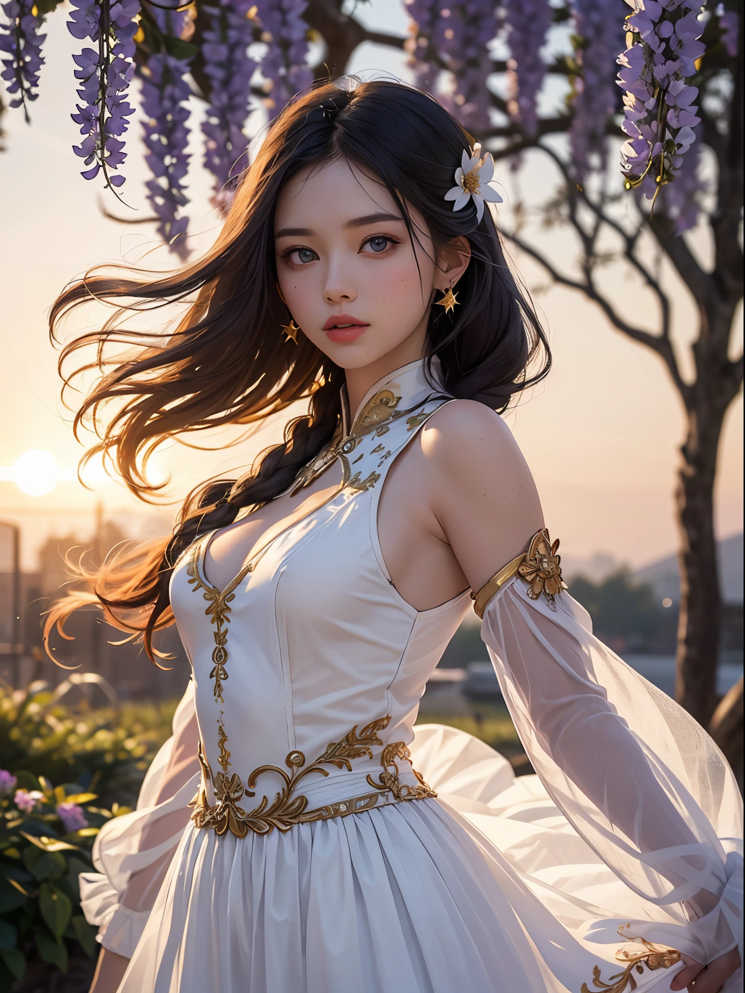 Unbeatable masterpiece, ultra real photo , Perfect artwork , Complicated details , Best quality , strong lights , hight contrast , dynamicposes , holland angle , (bblurry, depth of fields, blurryforeground:1.35) ,actual, Photographic, exquisite body, Gorgeous face, Milky skin, Complicated details, A high resolution, Highly detailed color photographs, Wallpapers,1 girl, Long gray hair, butterflys, blossoms, a skirt, White hair, Alone, Split sleeves, hair adornments, eBlue eyes, White dress, Golden tassels, Delicate embroidery pattern, (Delicate braids), Greek costumes, Chinese clothes, Many wisteria, swirles, entangled, Colorful flowers, streamer, dance, HighDynamicRange, A high resolution, golden age, vignet, rainbowing, The colors are bright, Many colors, Overall view, The light from the rear window is backlit, from the side under the silk, many colorful, coloured background, filmgrain, motionblur ,The colors are bright, Rich color styles-paintmagic, (starlights,the sunset , lens flare glow:1.25) ,