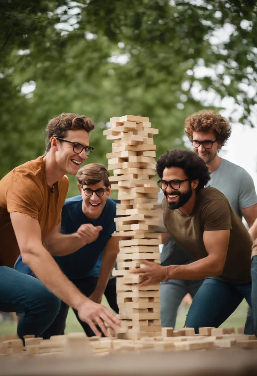 A fun shot of Greg leading a group of people in a game of giant Jenga in the park,original,greg is 6 foot, white, short curly brown hair, round glasses, slightly narrow face. 7/10 handsome. Well put together.