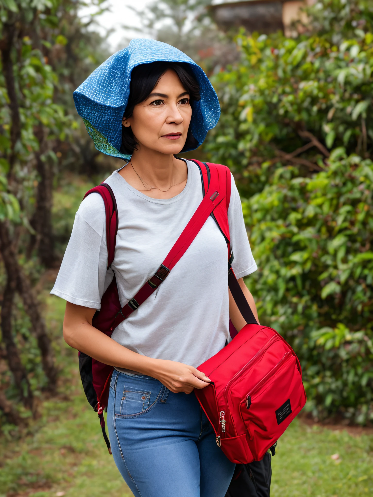 Photographer 50 years old, bonnet, pouca barba grisalha, mochila, jeans, camiseta e coturno. Alta qualidade, realista