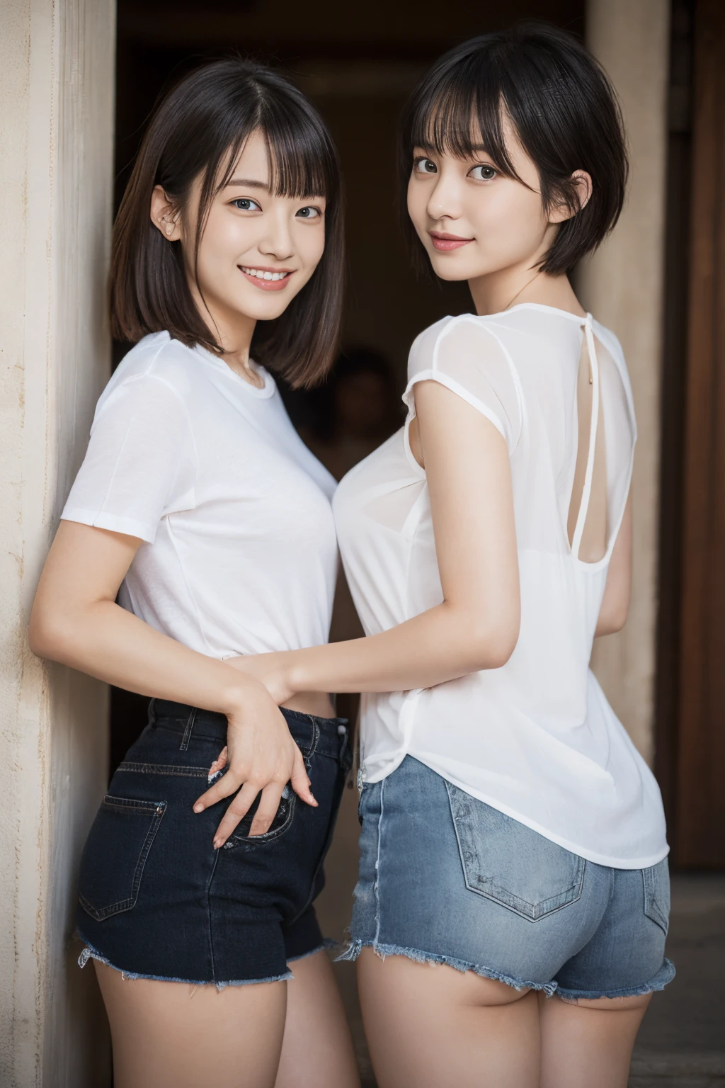 (((boyish、Very short cut、worn white shirt、Manly look)))、(realisitic、Photorealsitic、ultra-detailliert、Highest Details Skins、top-quality、masterpiece、超A high resolution)、A Japanese Lady、、hi-school girl、I have bangs、二重まぶた、Large black eyes、Realistic skin type、large full breasts、Upper body photography、blurry backround、Bright lighting from front、ssmile、(a miniskirt、T back、thighs thighs thighs thighs、Protruding buttocks)